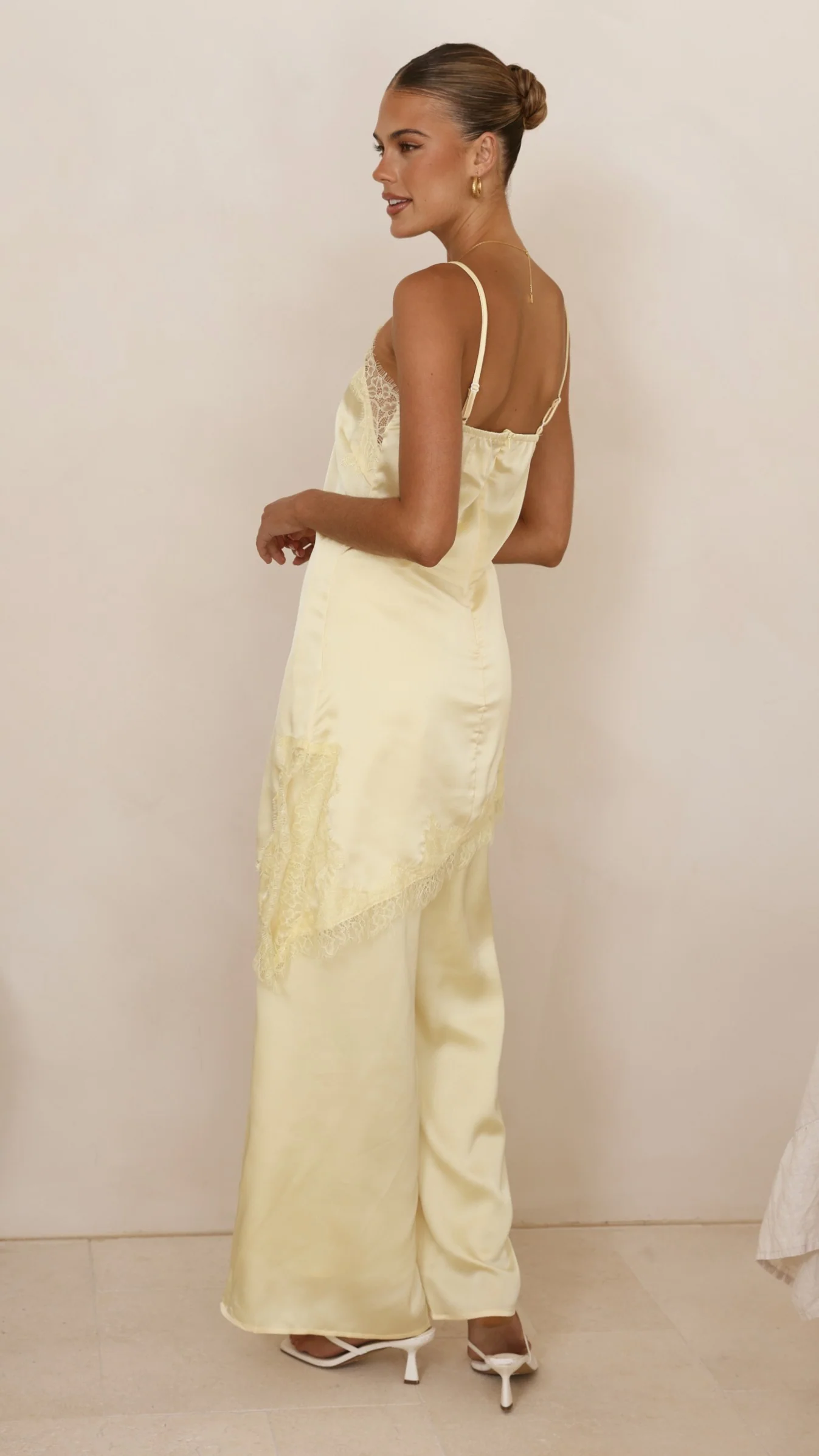 Hayleigh Asymmetrical Top and Pants Set - Yellow/Lace - Image 2