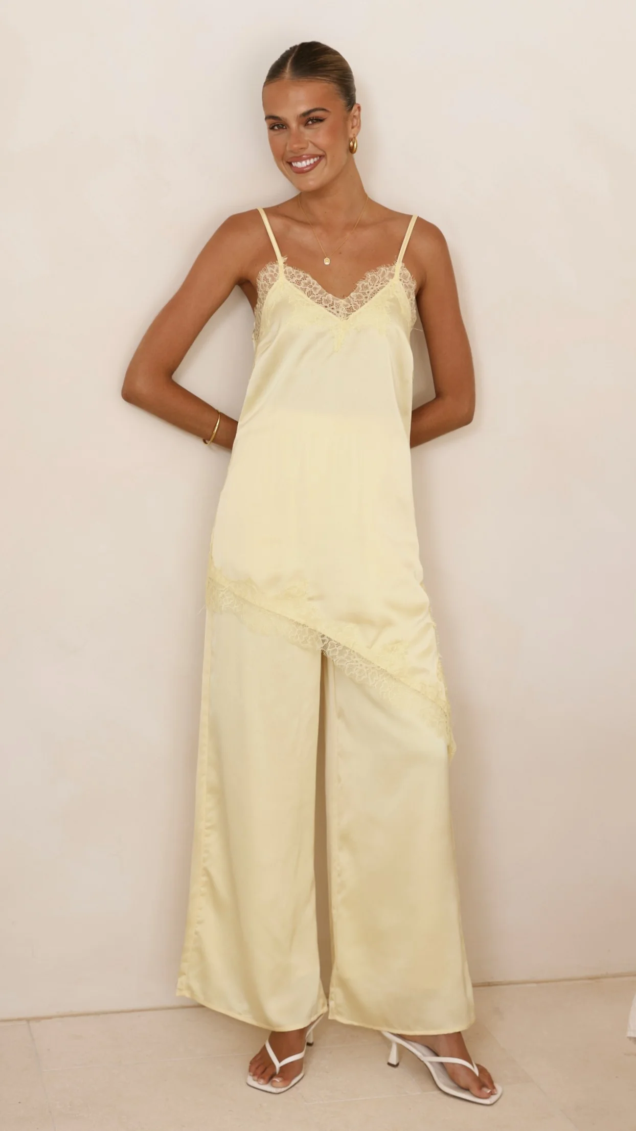 Hayleigh Asymmetrical Top and Pants Set - Yellow/Lace - Image 3