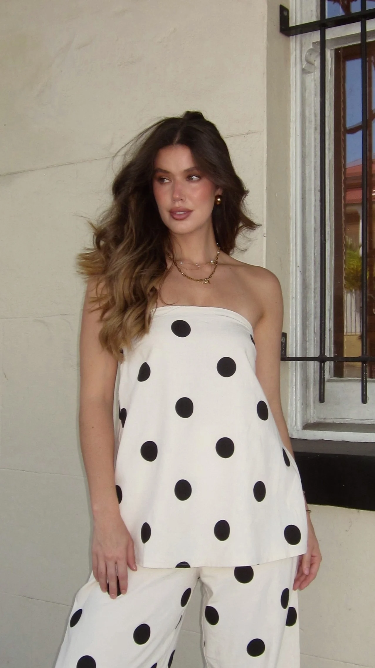 Hazelle Strapless Top - Beige/Black Polka Dot - Image 10