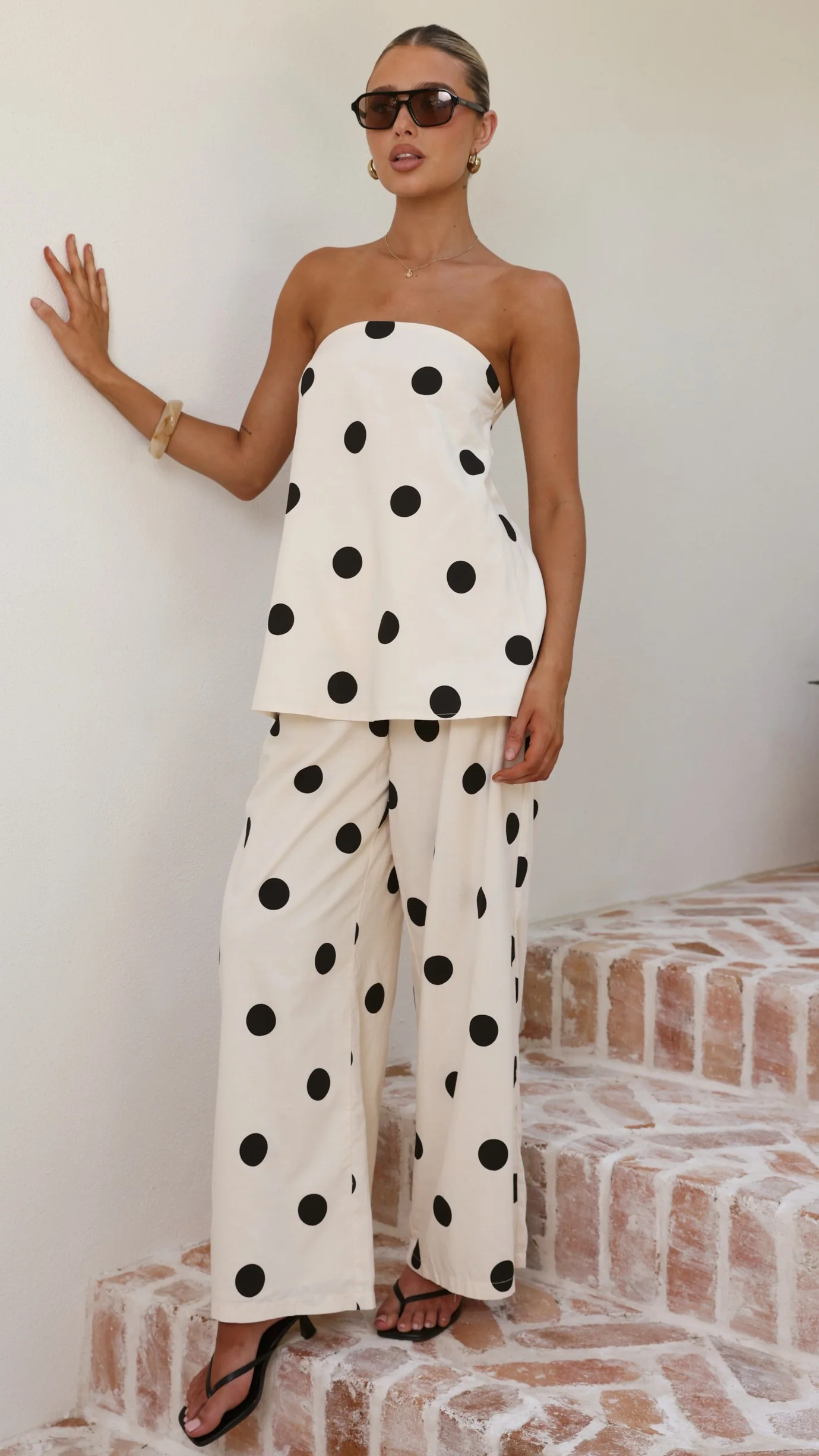Hazelle Strapless Top - Beige/Black Polka Dot - Image 3