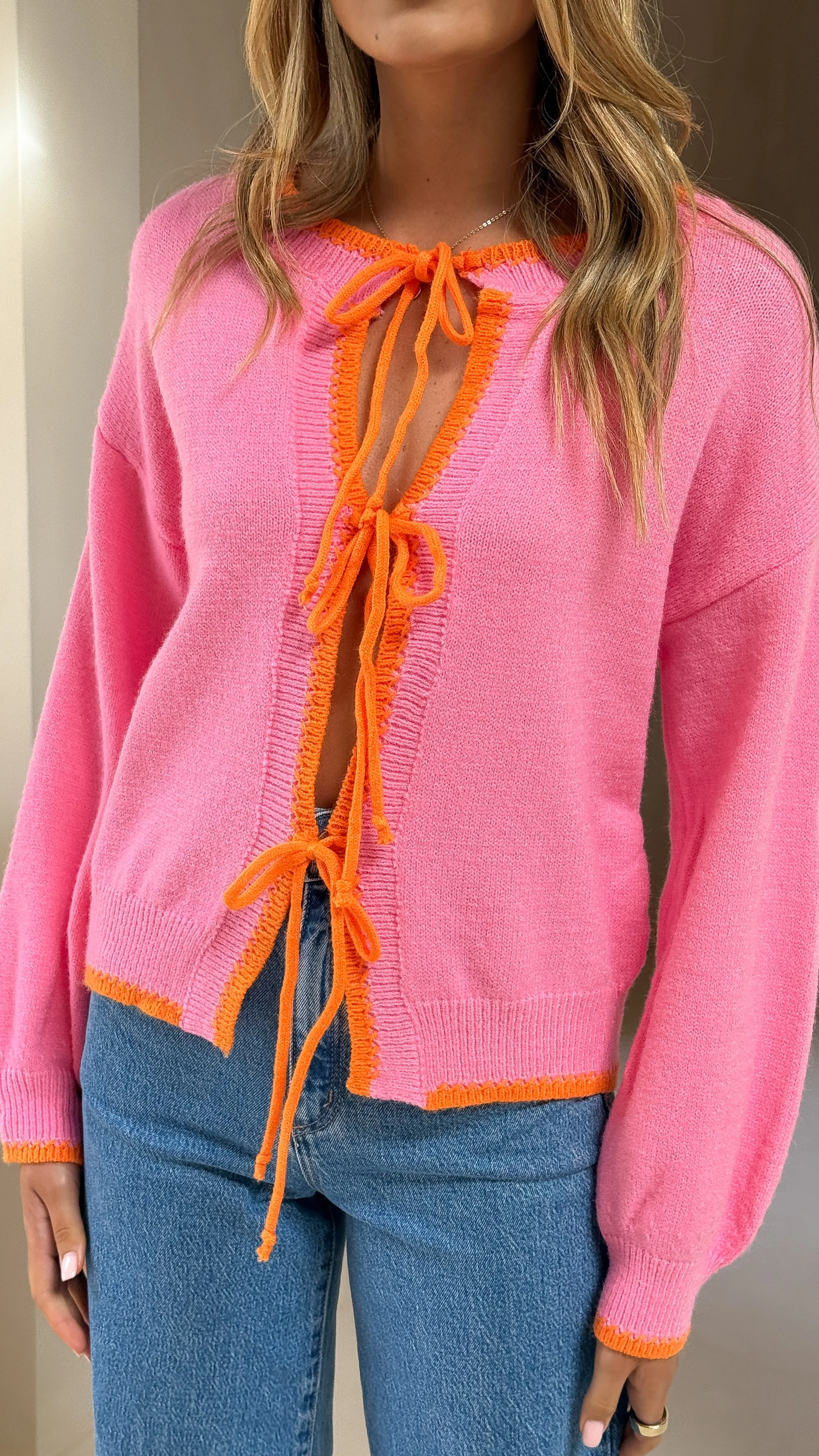 Hazina Tie Long Sleeve Knit Top - Pink / Orange - Image 3