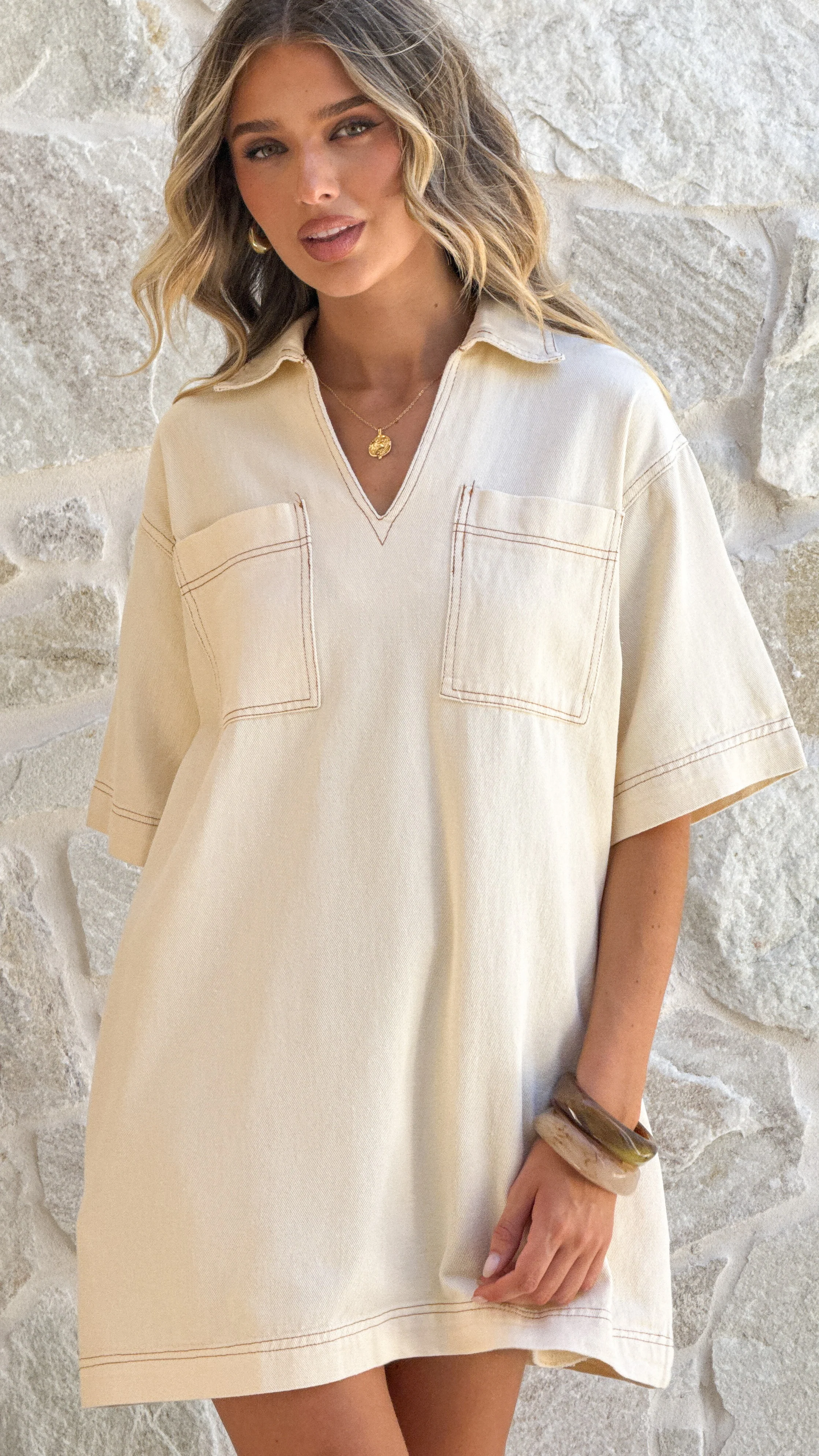 Ilia Denim Mini Dress - Cream - Image 3