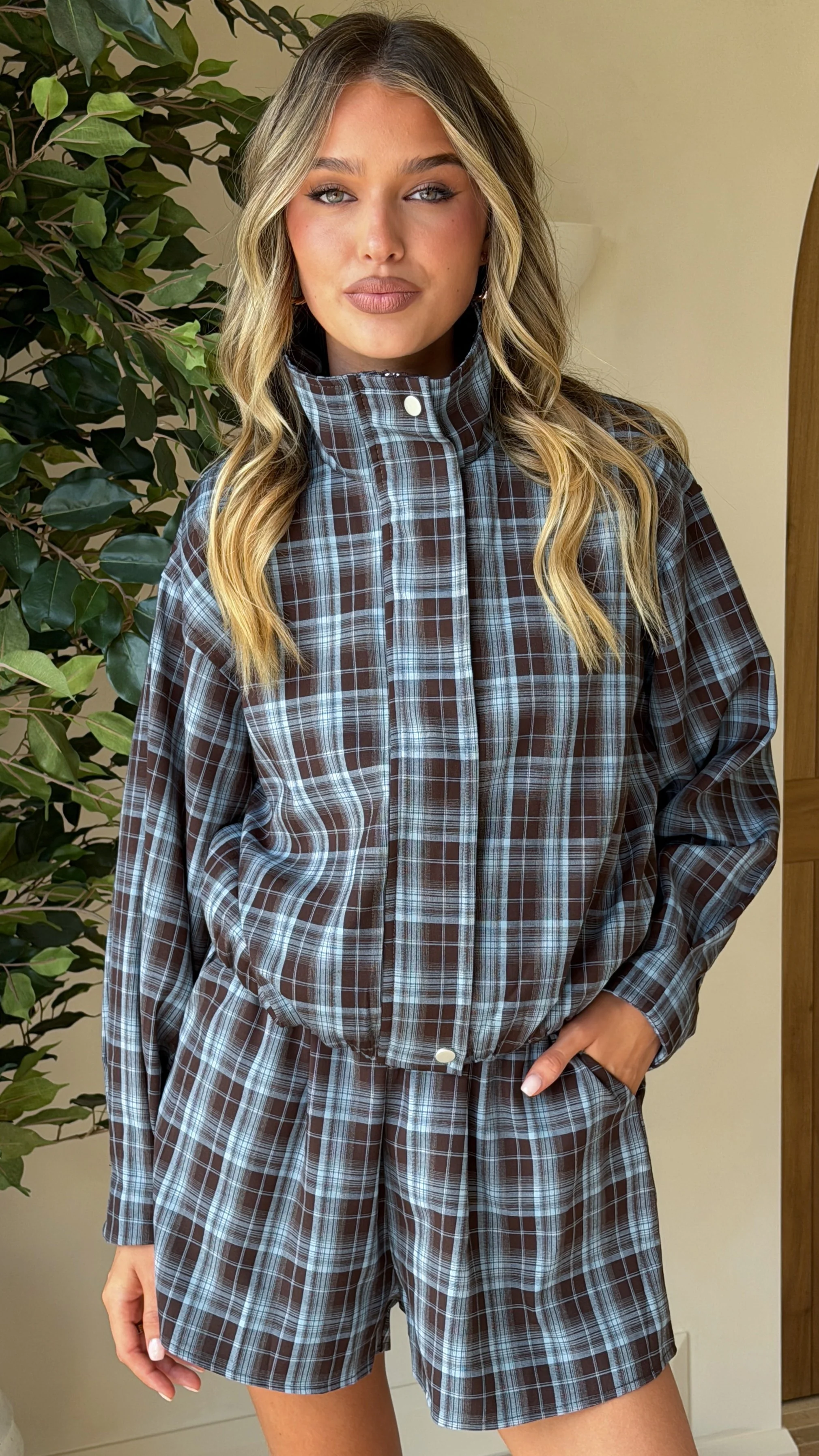 Ivana Funnel Neck Jacket & Shorts Set - Brown/Blue Plaid - Image 5