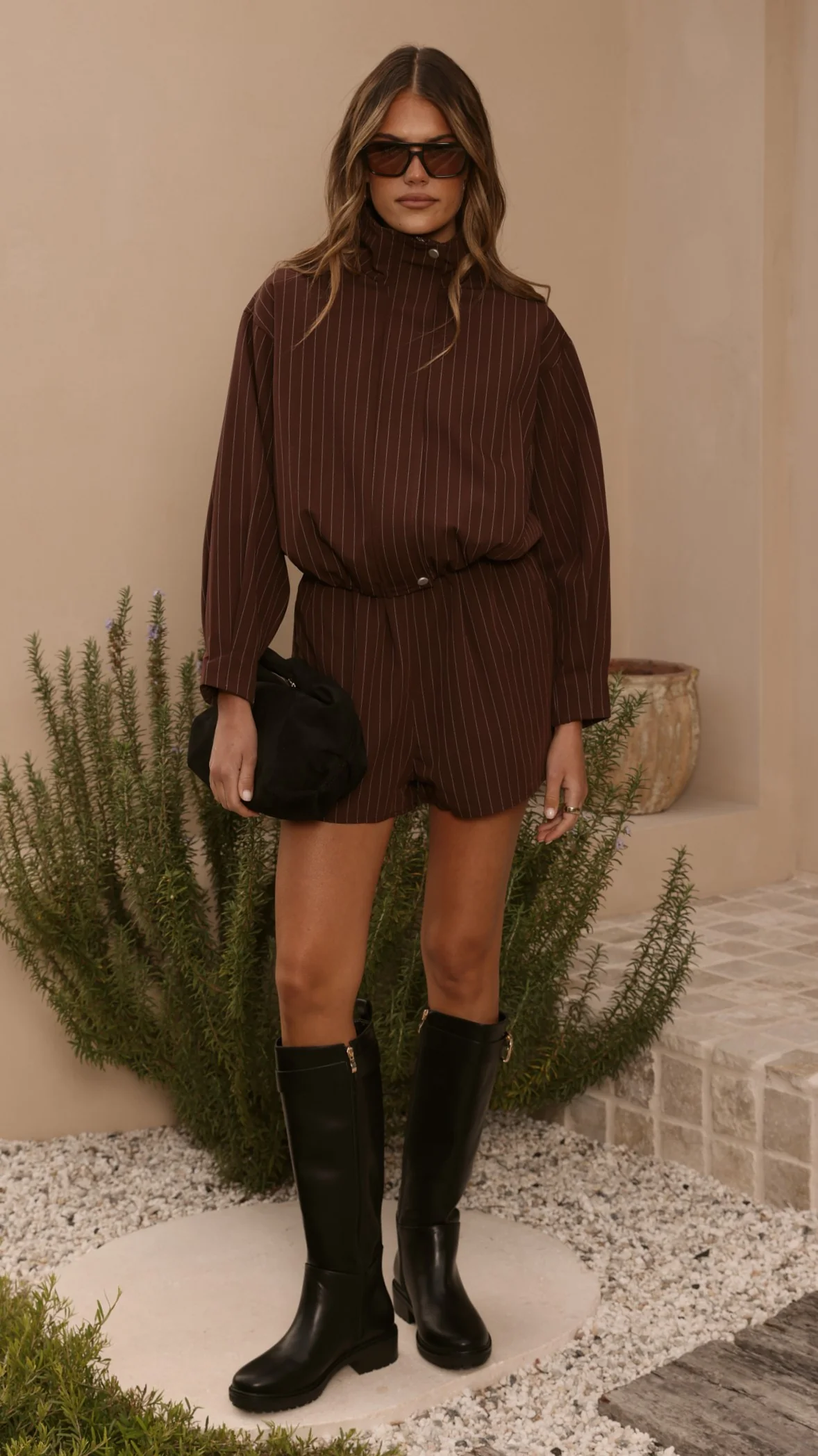 Ivana Funnel Neck Jacket & Shorts Set - Brown Pinstripe - Image 14