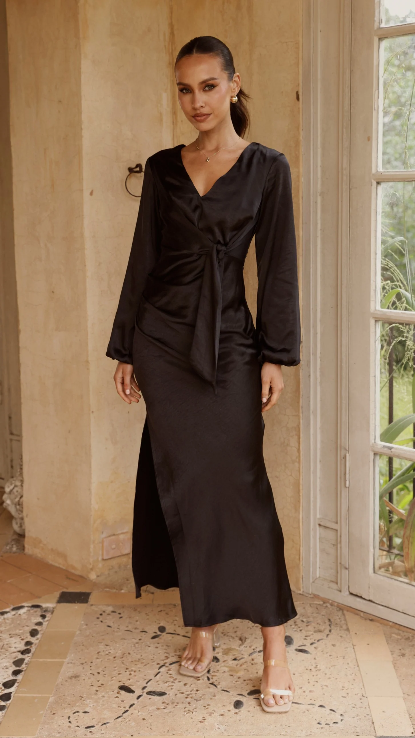 Ivy Long Sleeve Tie Front Maxi Dress - Black - Image 4