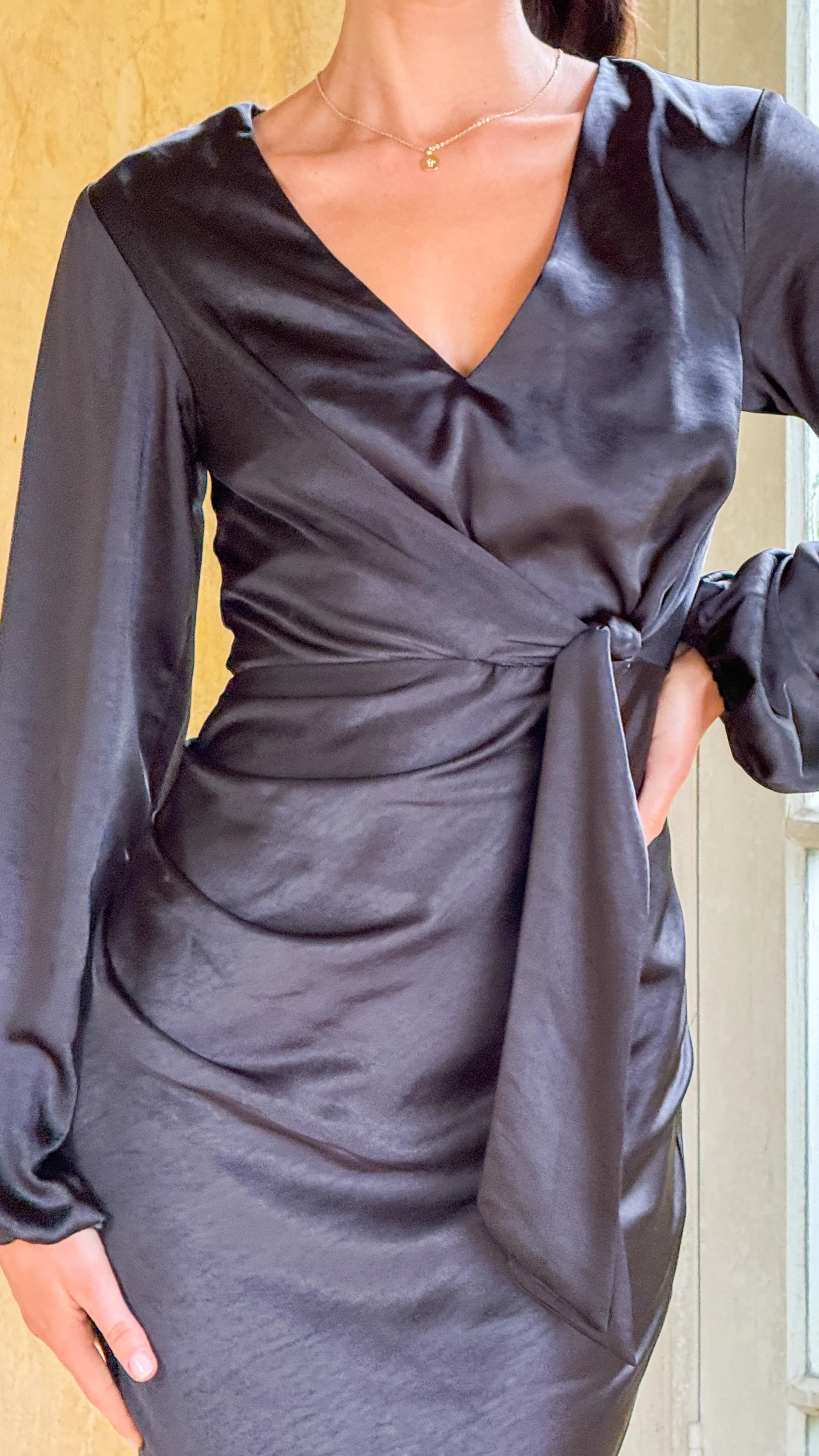 Ivy Long Sleeve Tie Front Maxi Dress - Black - Image 5