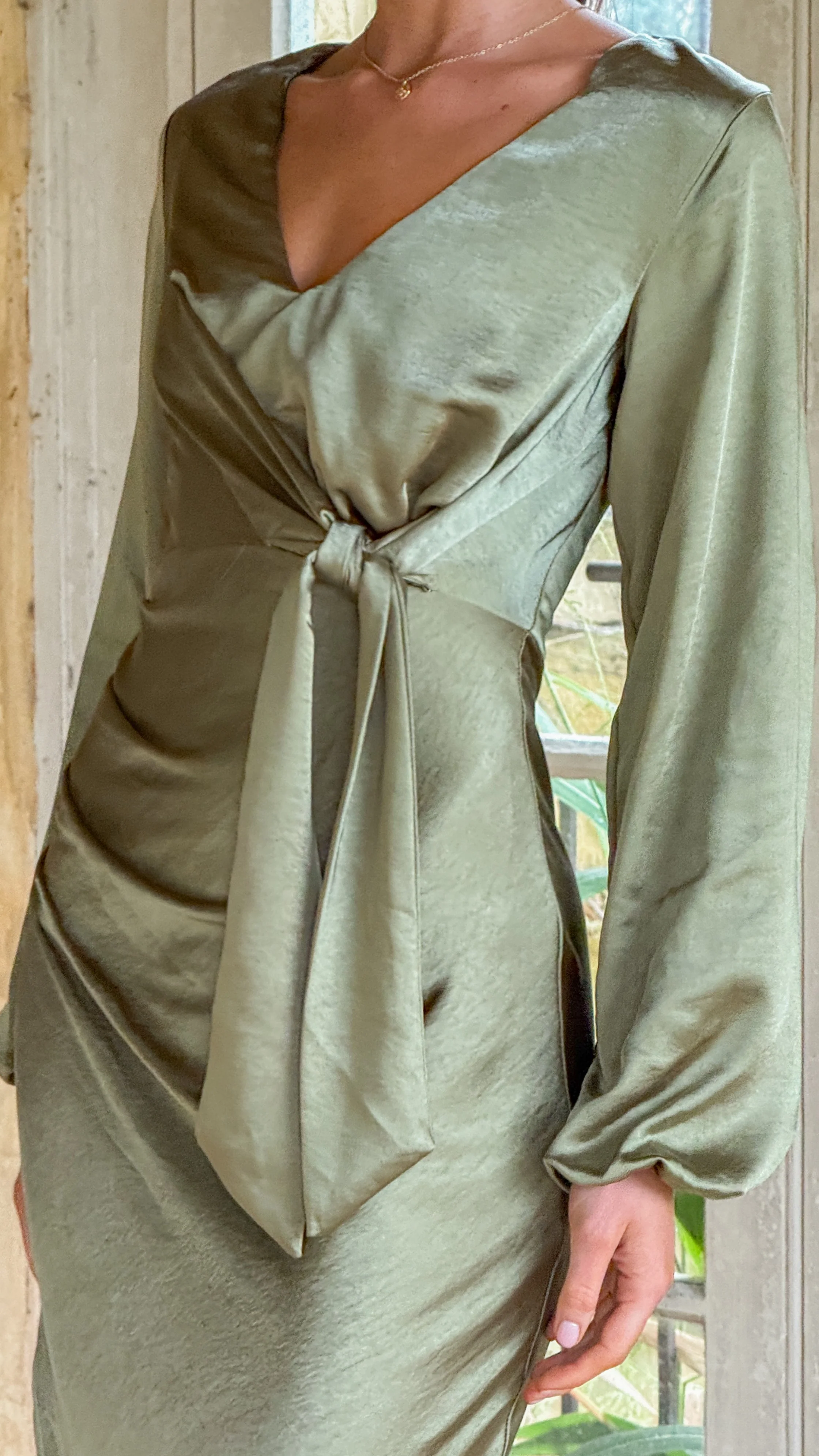 Ivy Long Sleeve Tie Front Maxi Dress - Olive - Image 4