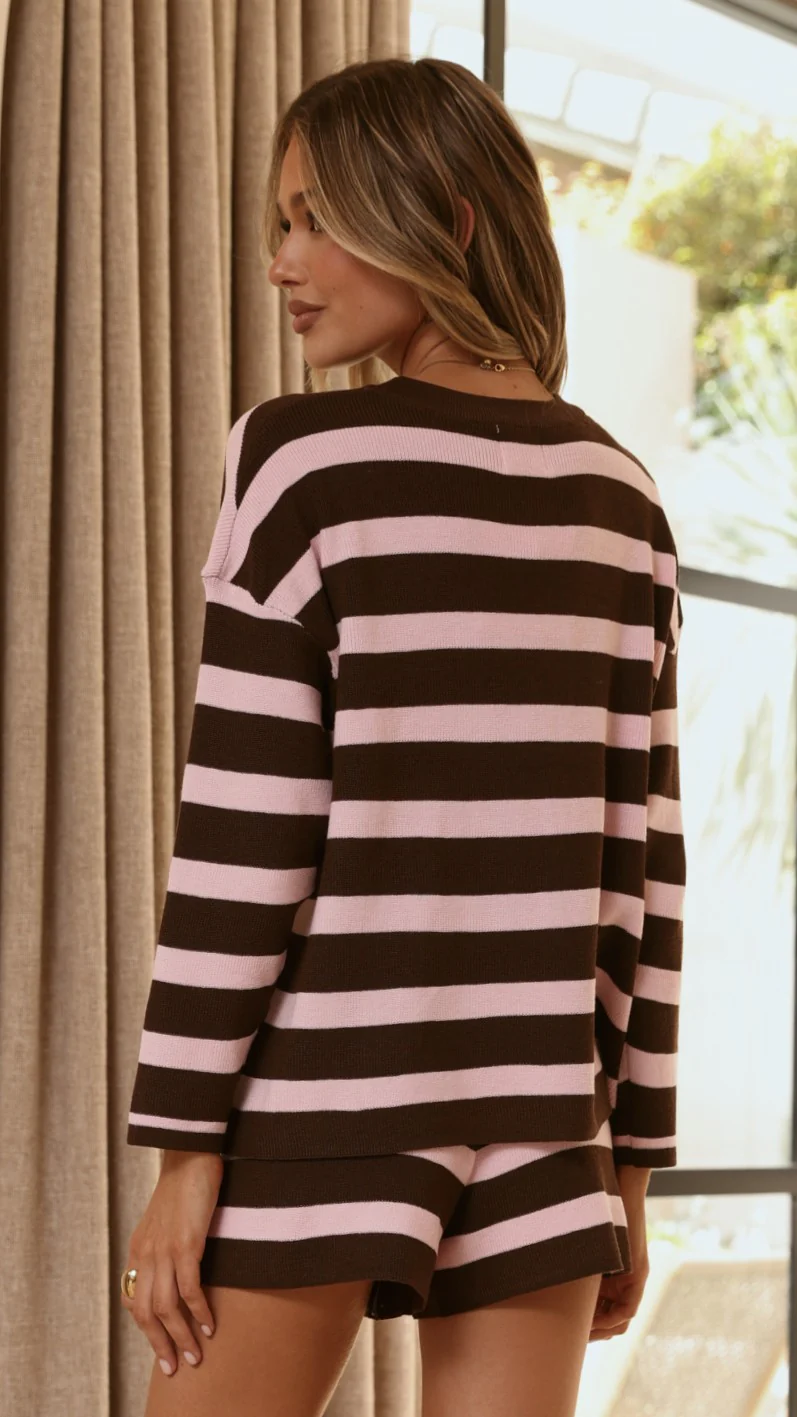 Jaeden Long Sleeve Top & Shorts Set - Pink/Chocolate Stripe - Image 2