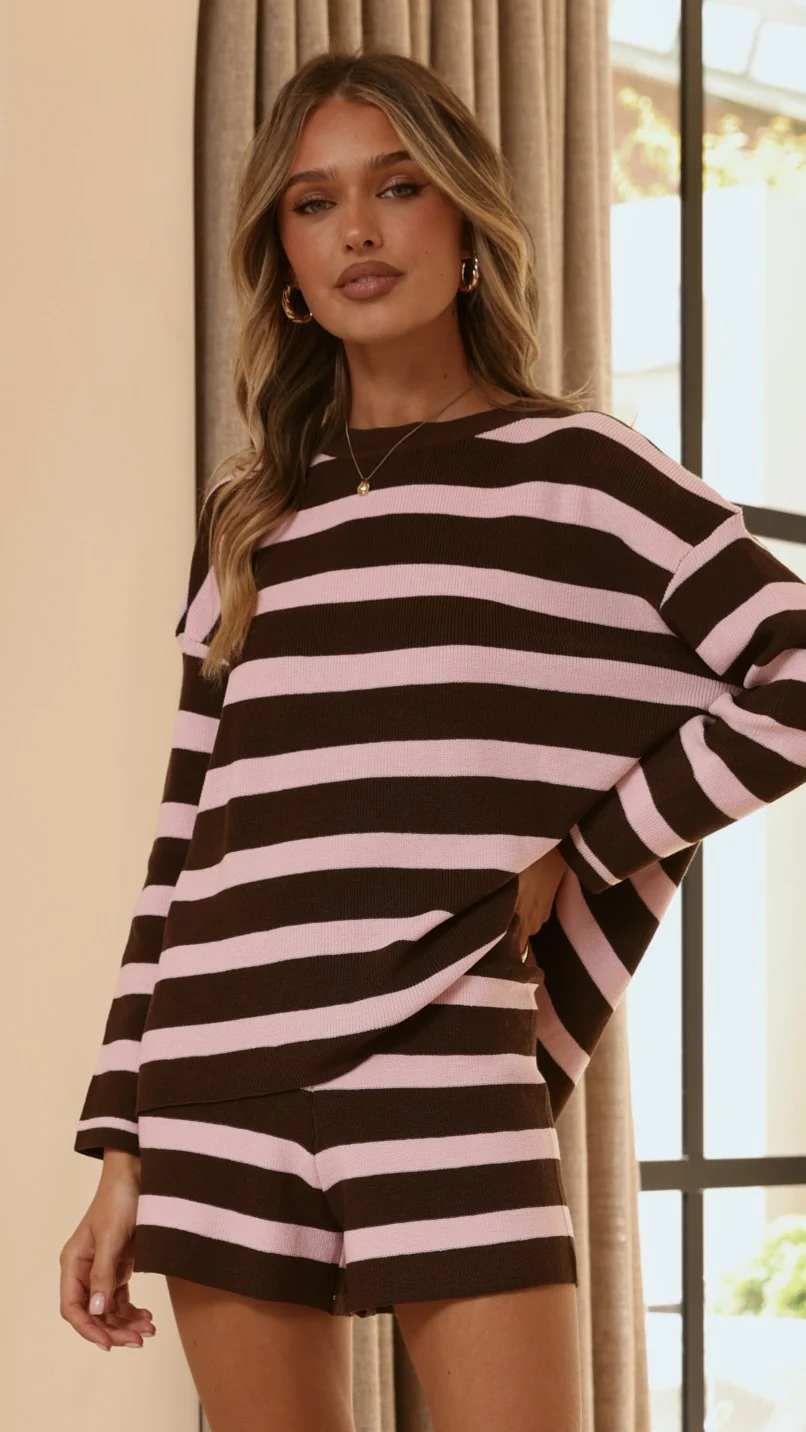 Jaeden Long Sleeve Top & Shorts Set - Pink/Chocolate Stripe - Image 3