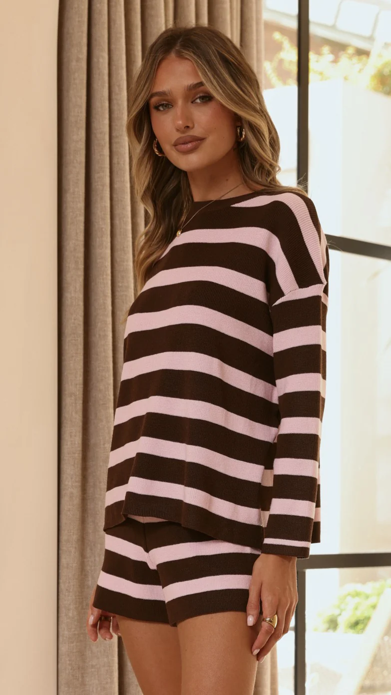 Jaeden Long Sleeve Top & Shorts Set - Pink/Chocolate Stripe - Image 4