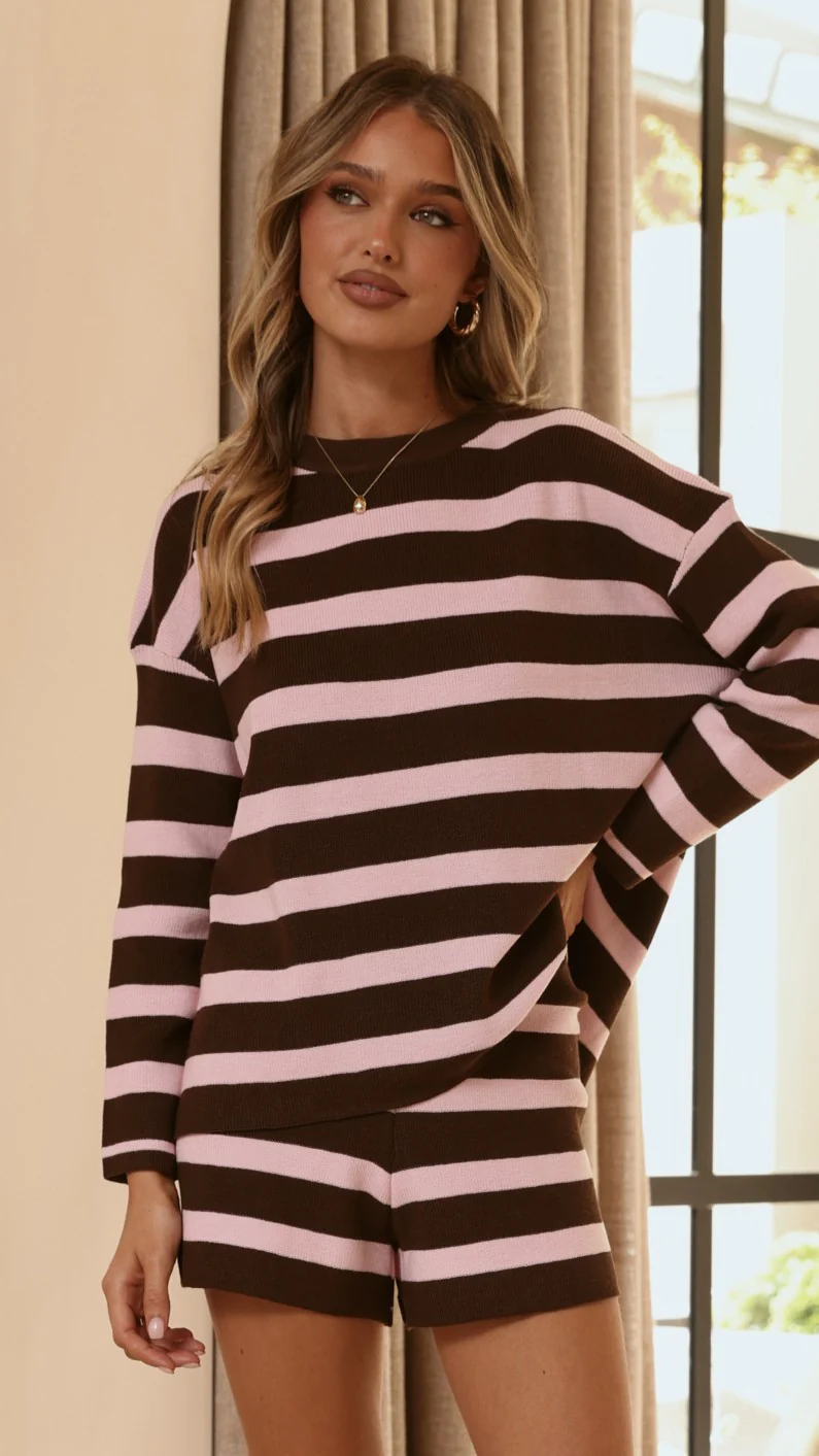 Jaeden Long Sleeve Top & Shorts Set - Pink/Chocolate Stripe - Image 5