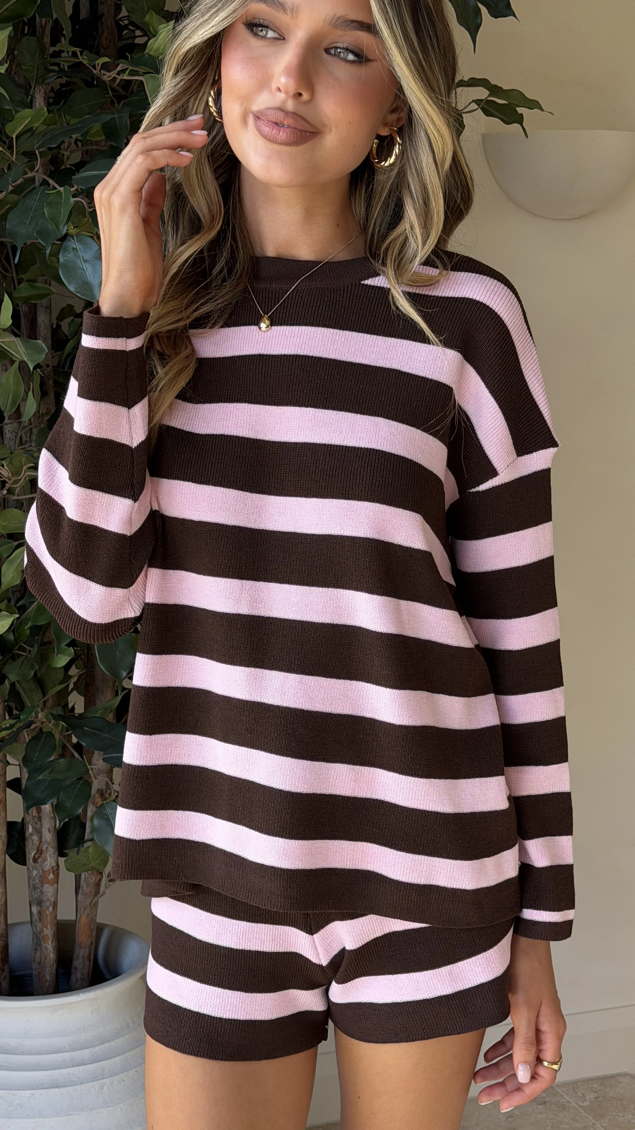 Jaeden Long Sleeve Top & Shorts Set - Pink/Chocolate Stripe - Image 6
