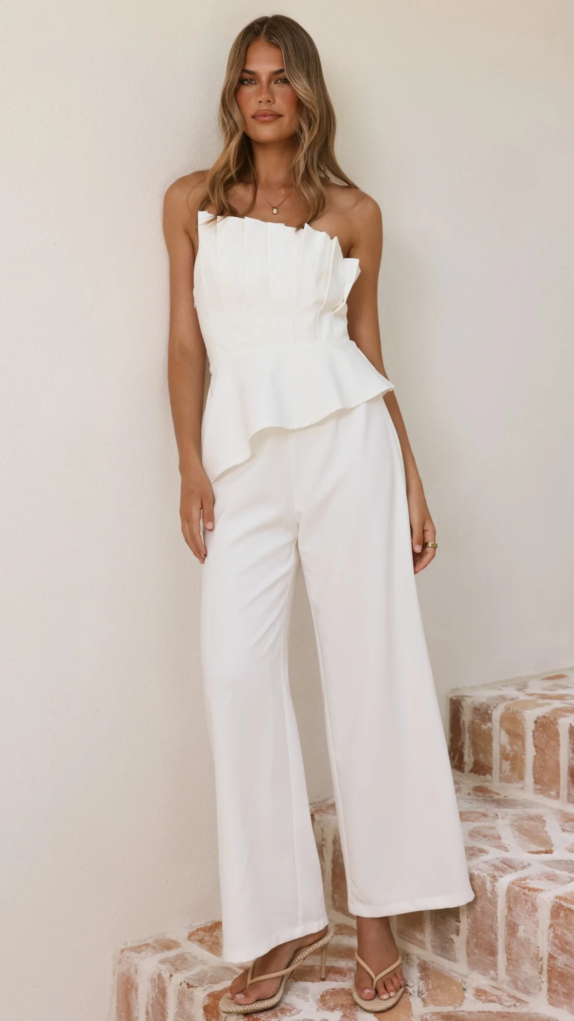 Javana Asymmetrical Top and Pants Set - White - Image 9