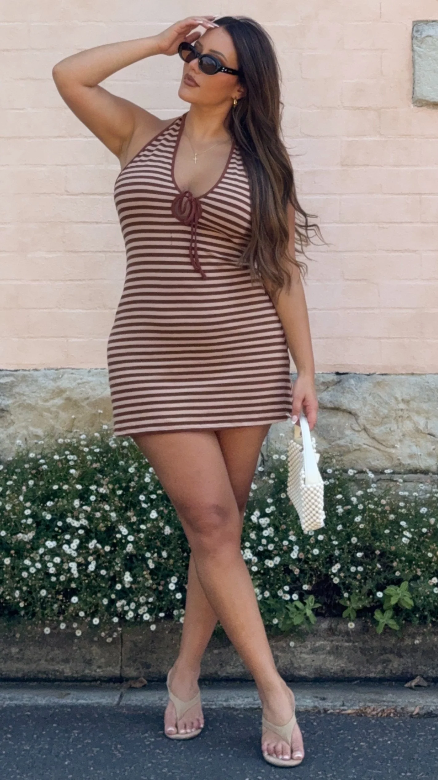 Jenna Halter Knit Mini Dress - Chocolate/Nude Stripe - Image 3