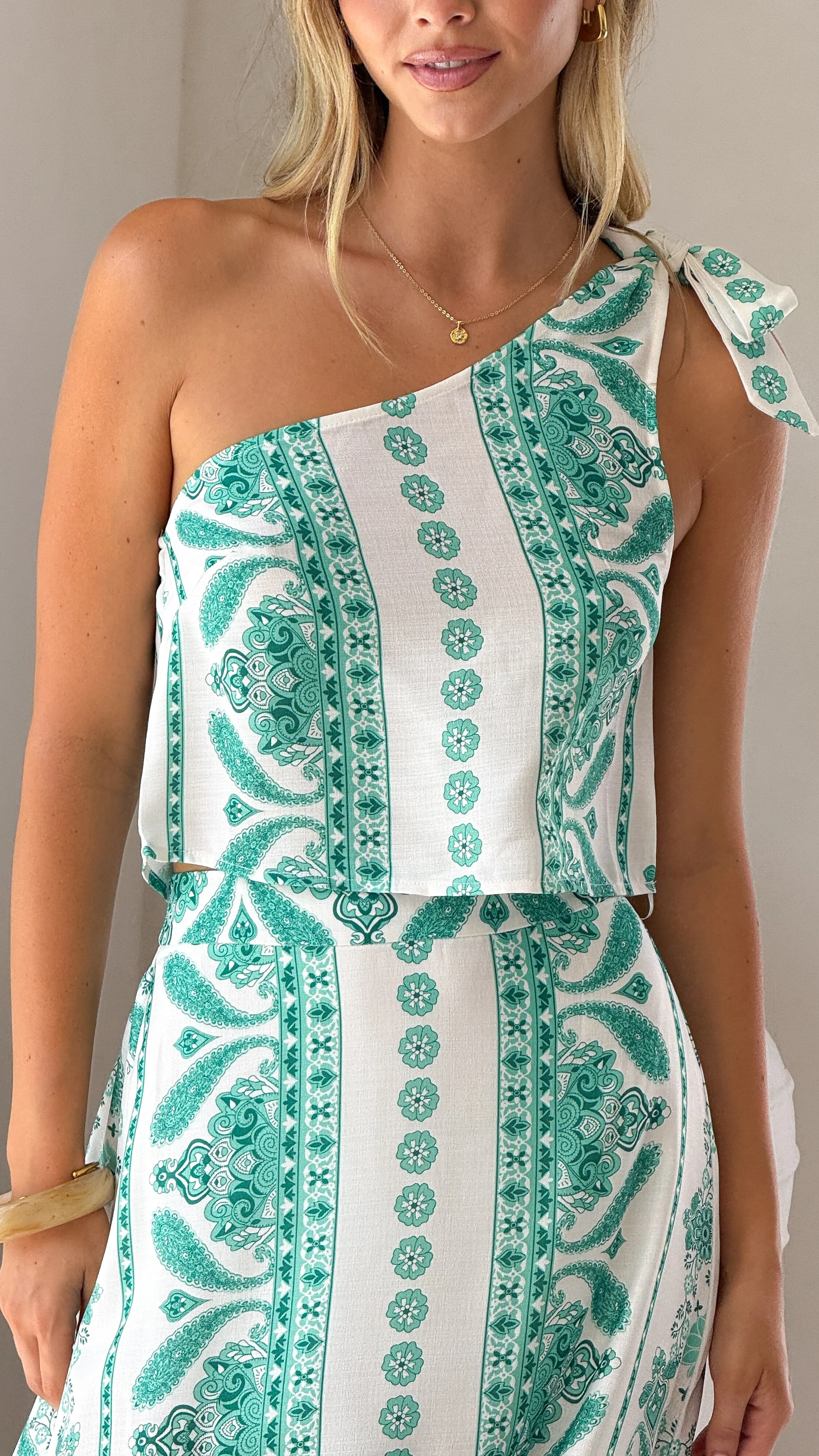 Julia One Shoulder Top - Green Aztec - Image 6