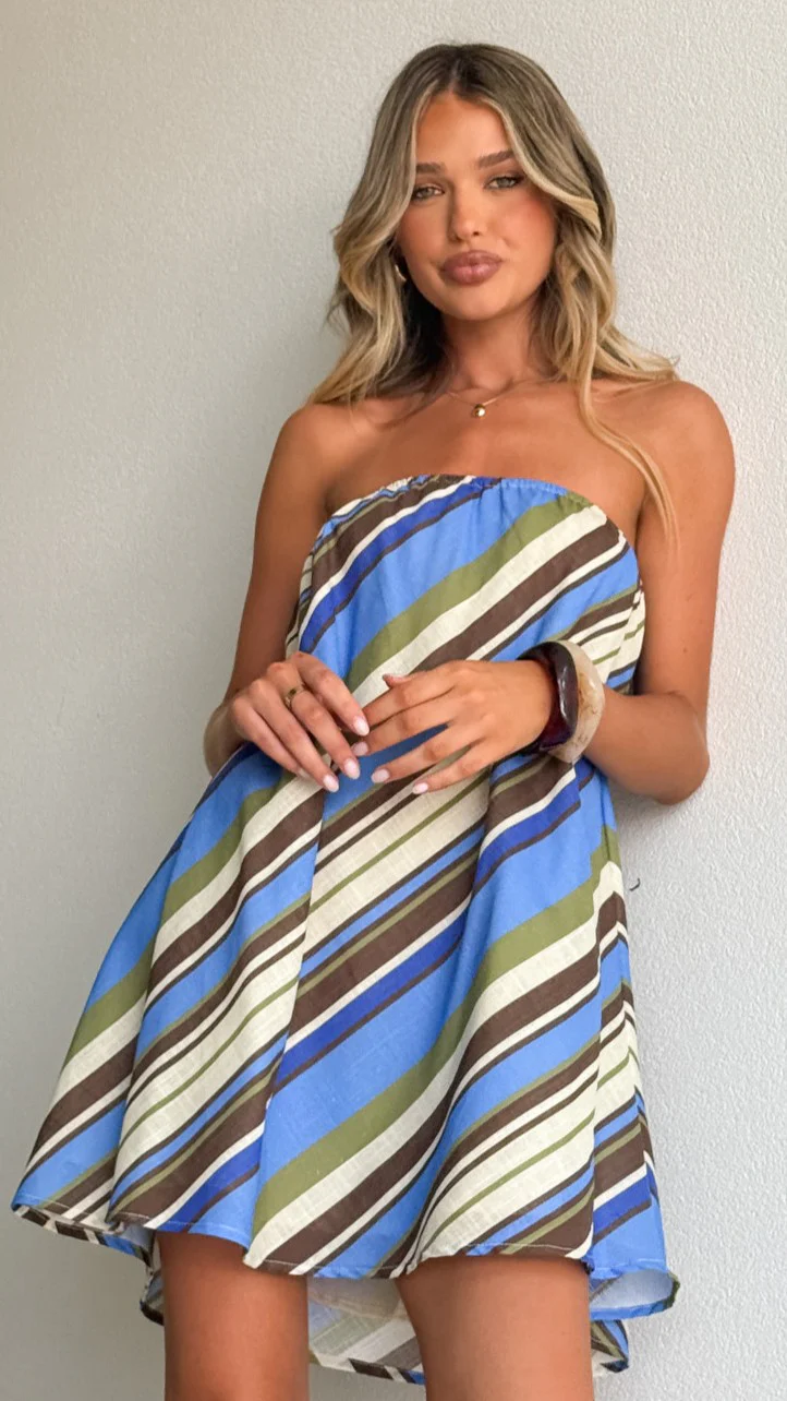 Karina Strapless Mini Dress - Blue/Khaki Stripe - Image 5