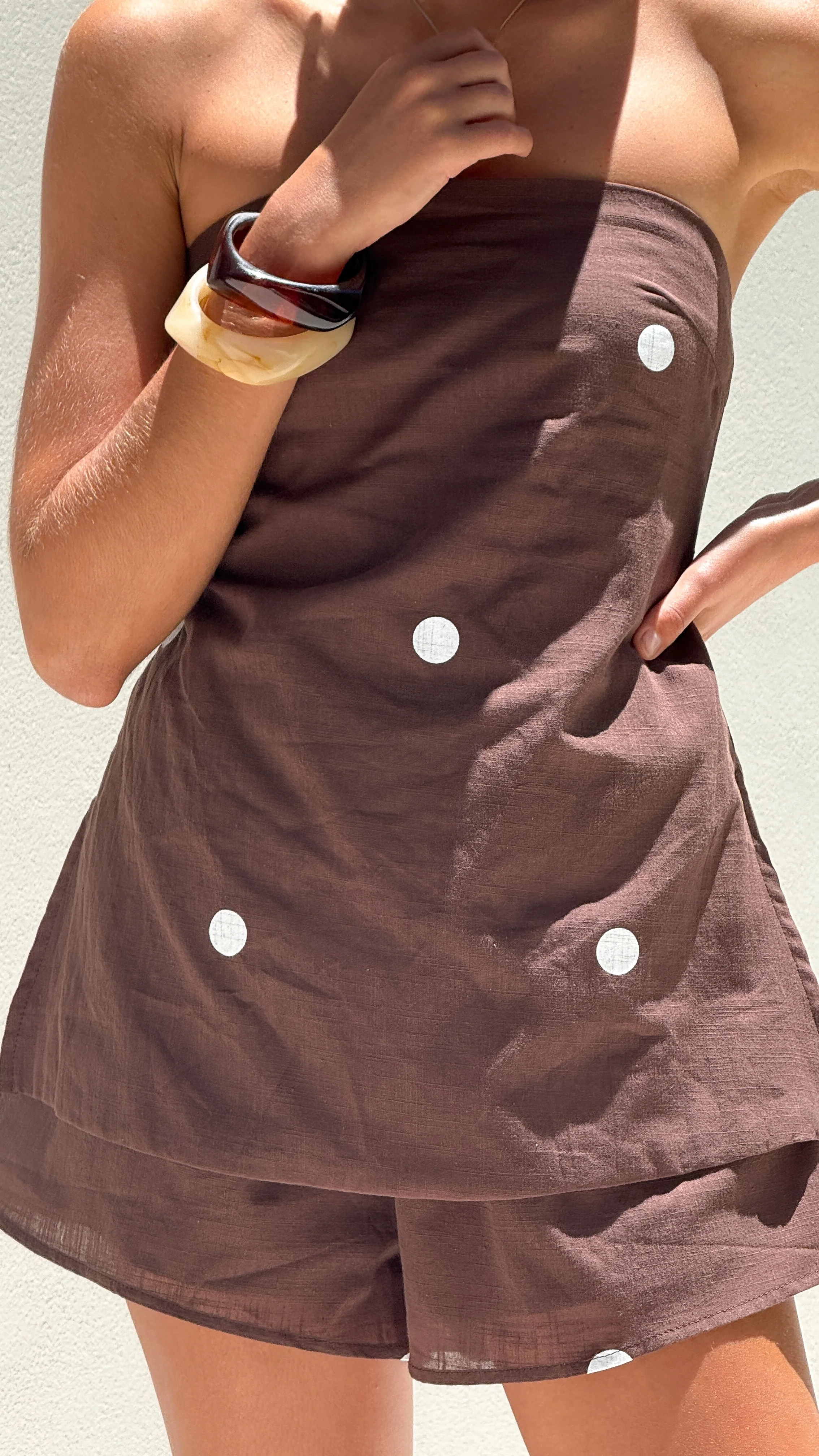Kiki Strapless Top and Shorts Set - Choc/White Polka Dot - Image 7