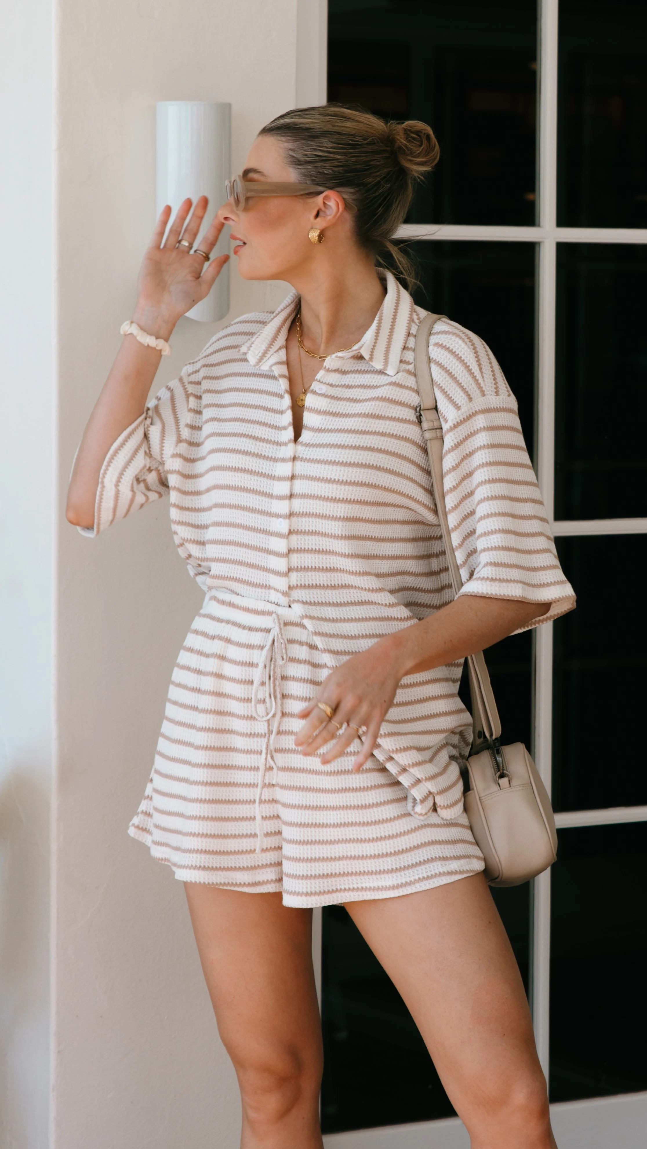 Lacole Button Up Shirt and Shorts Set - White / Beige Stripe - Image 2