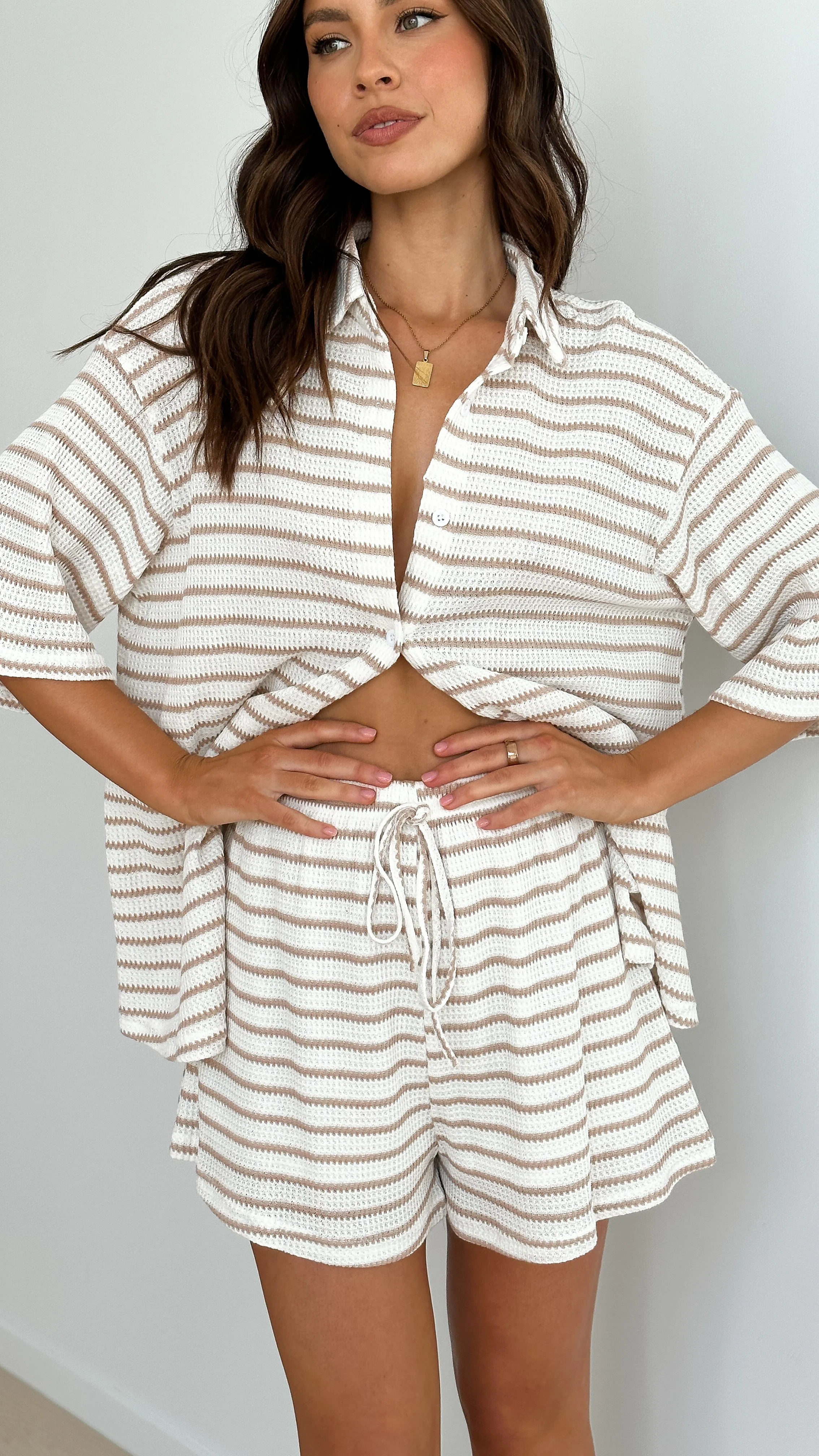Lacole Button Up Shirt and Shorts Set - White / Beige Stripe - Image 4