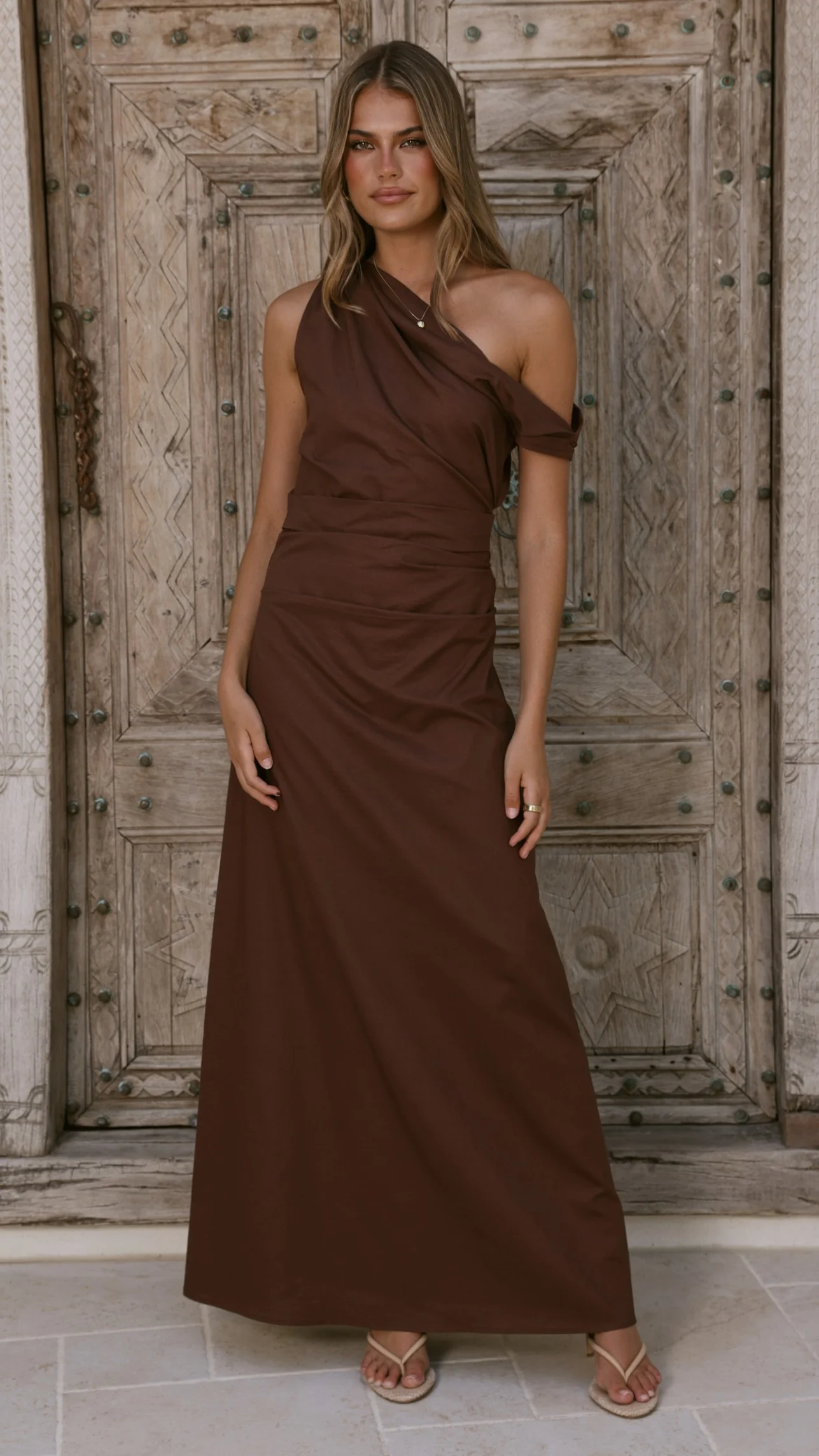 Larissa One Shoulder Maxi Dress - Brown - Image 3