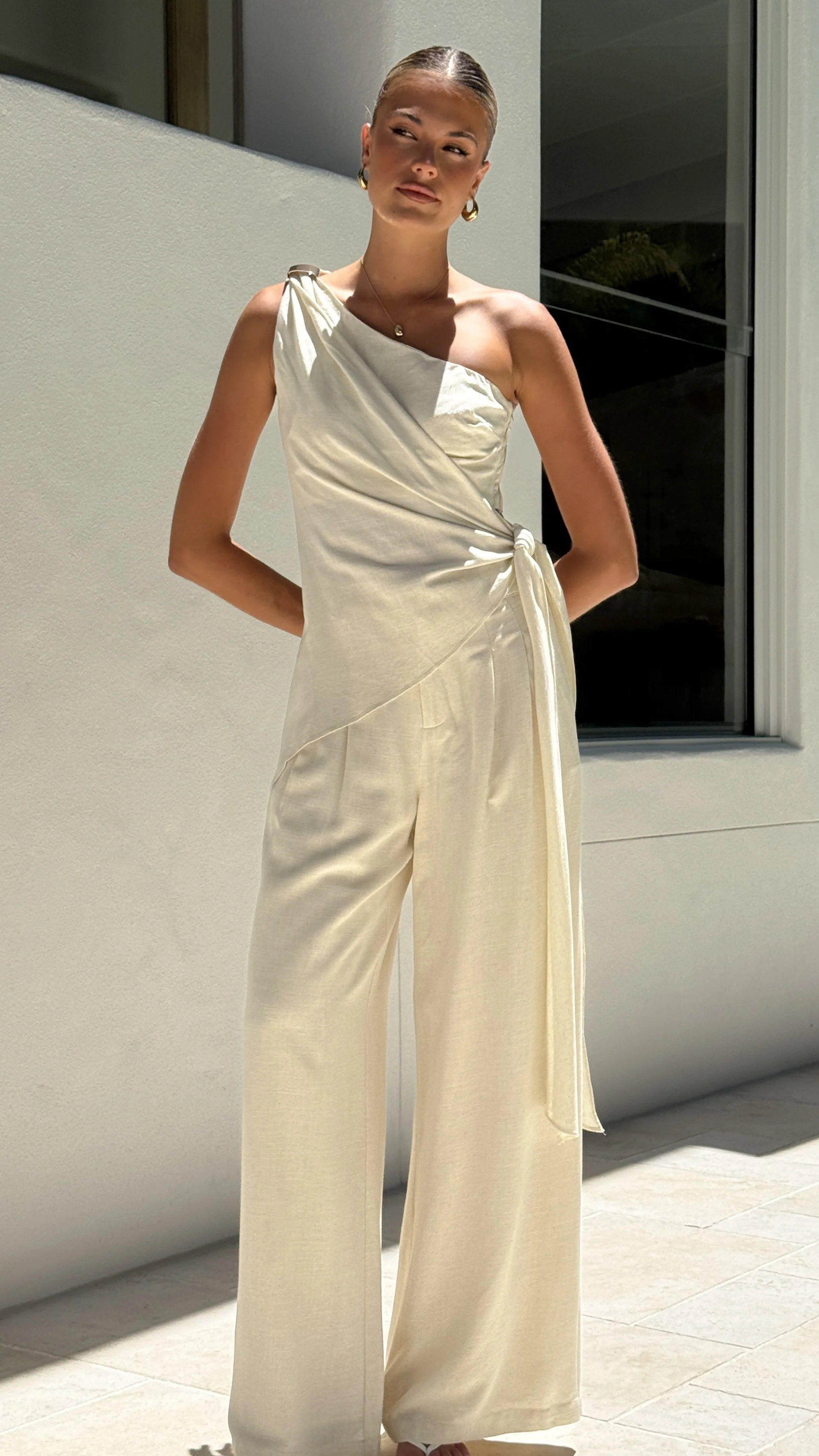 Leela One Shoulder Top and Pants Set - Beige - Image 4