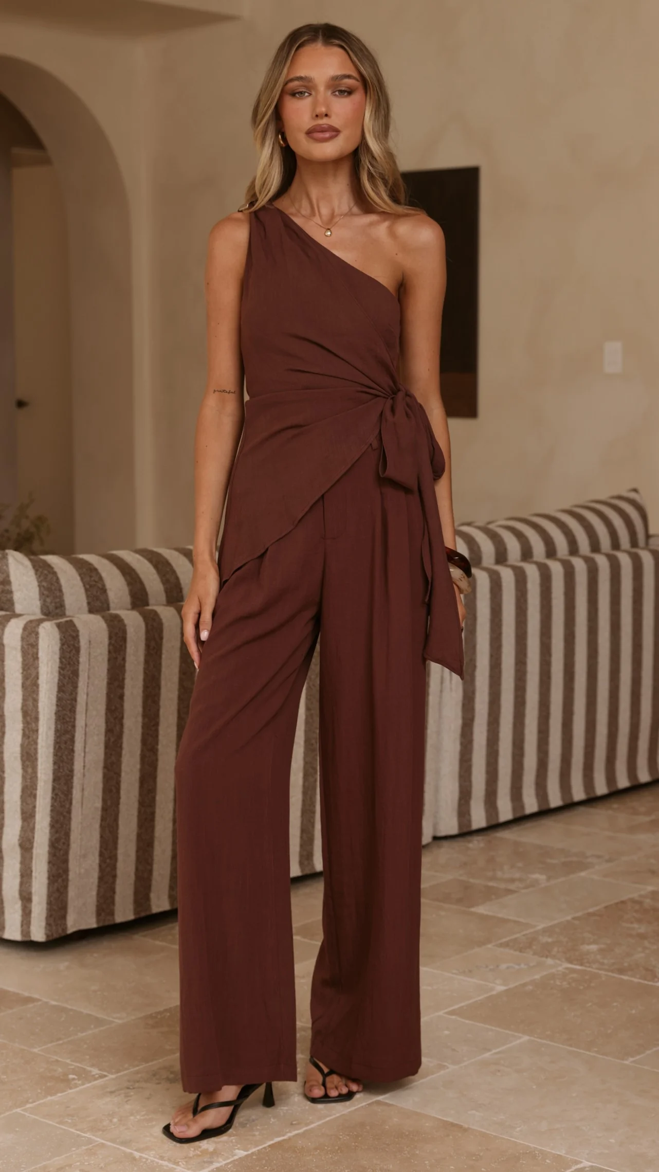 Leela One Shoulder Top and Pants Set - Brown - Image 12