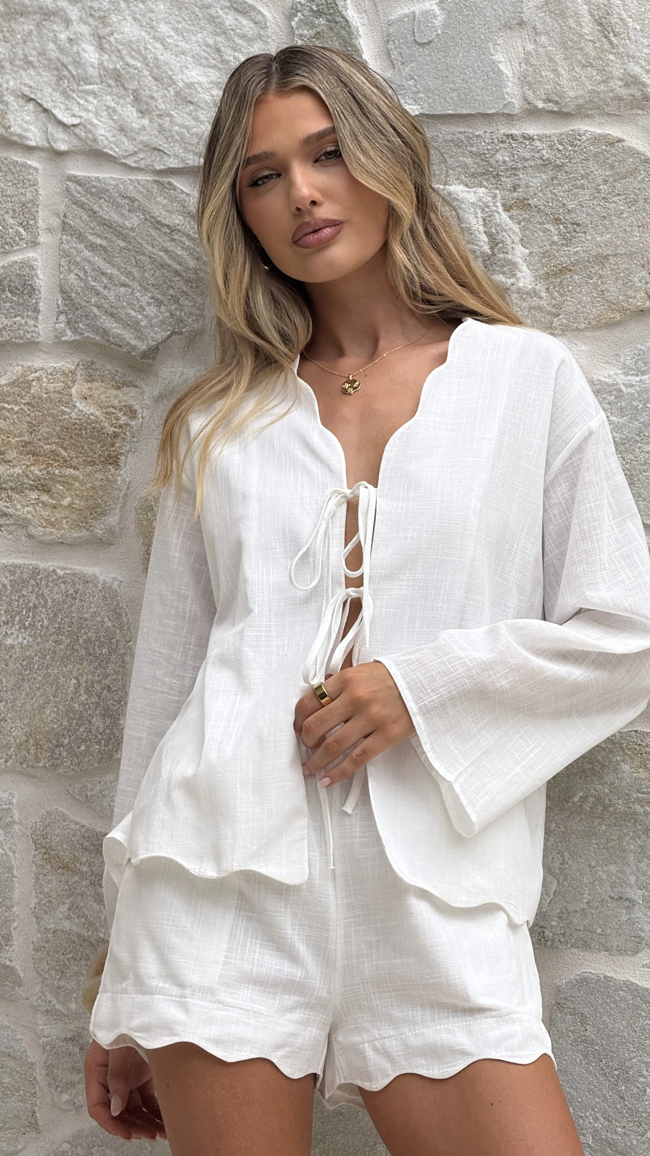 Leelo Tie Front Top and Shorts Set - White - Image 4