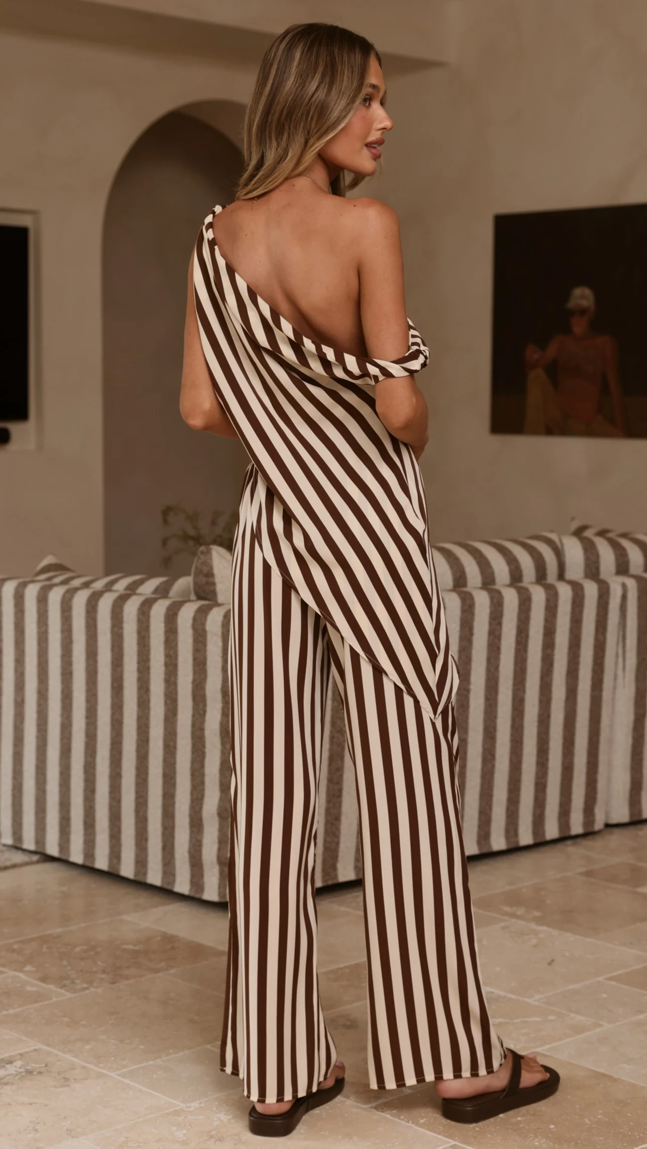 Liana Off Shoulder Top & Pants Set - Brown Stripe - Image 2