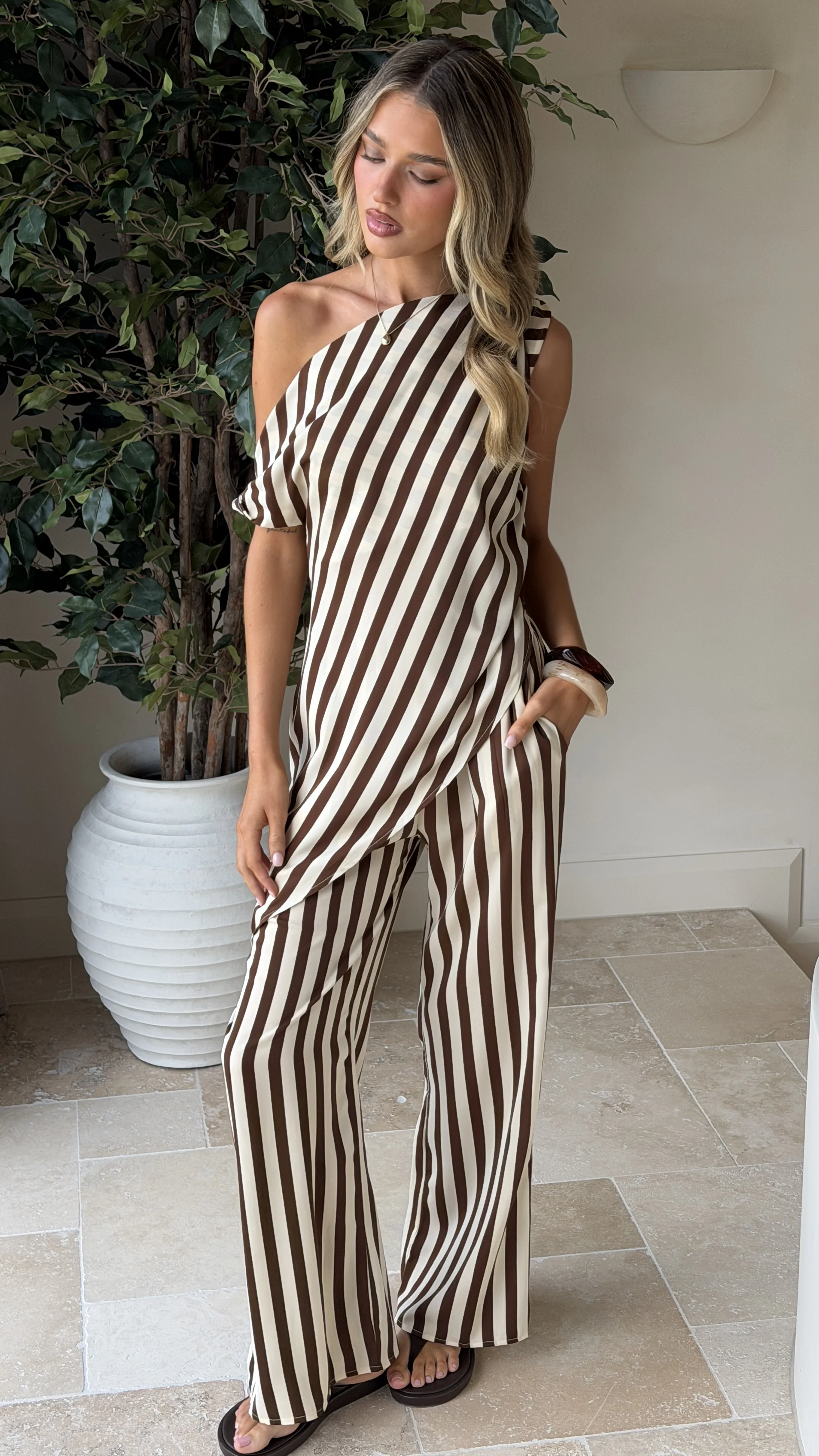 Liana Off Shoulder Top & Pants Set - Brown Stripe - Image 4