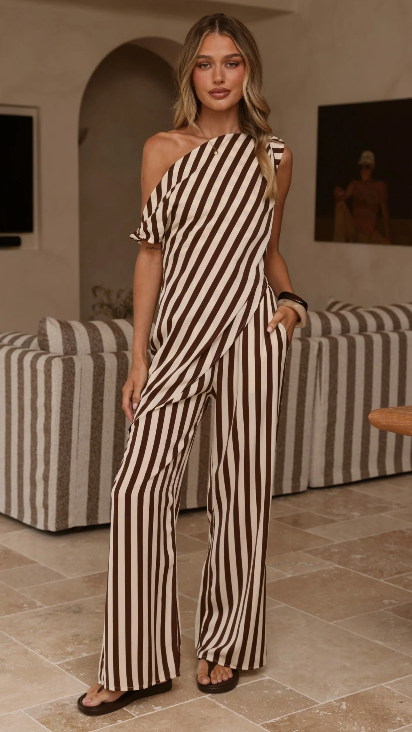 Liana Off Shoulder Top & Pants Set - Brown Stripe - Image 9