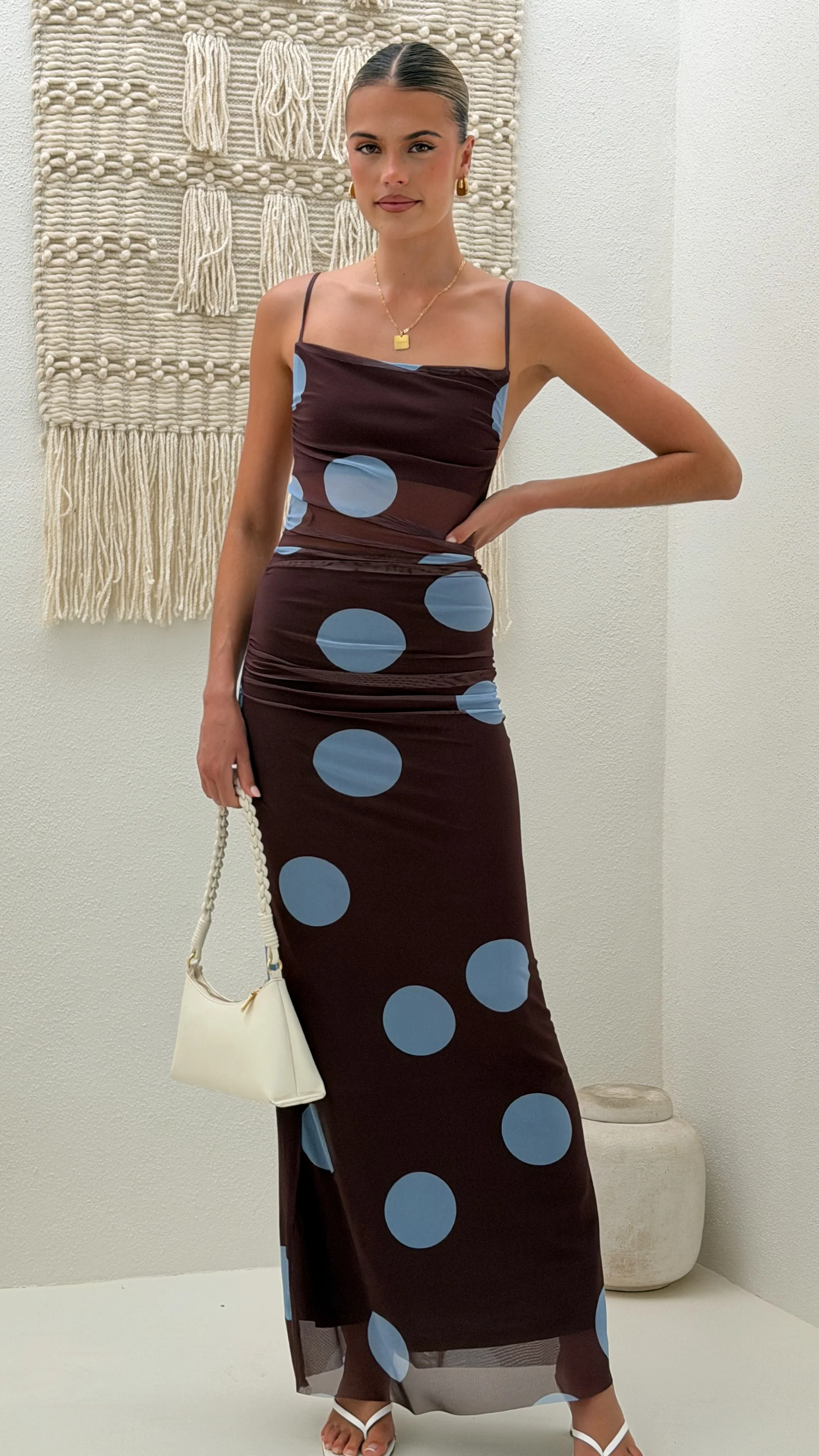 Loralei Mesh Maxi Dress - Brown / Blue Polka Dot - Image 4