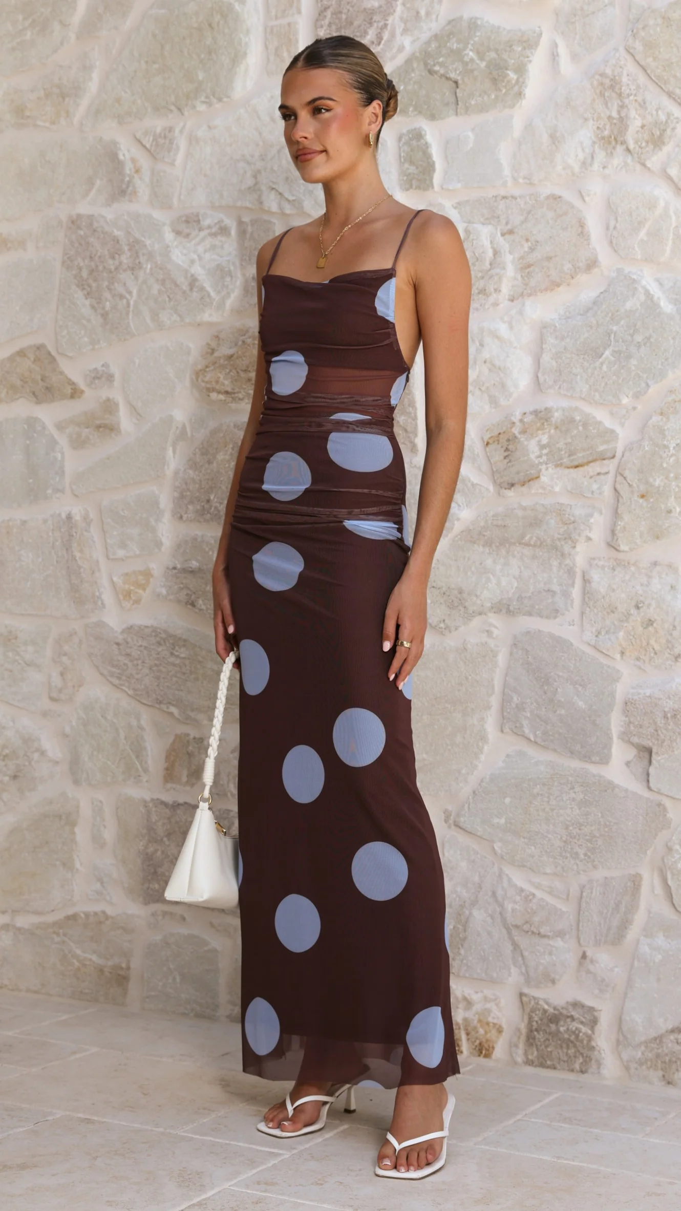 Loralei Mesh Maxi Dress - Brown / Blue Polka Dot - Image 6