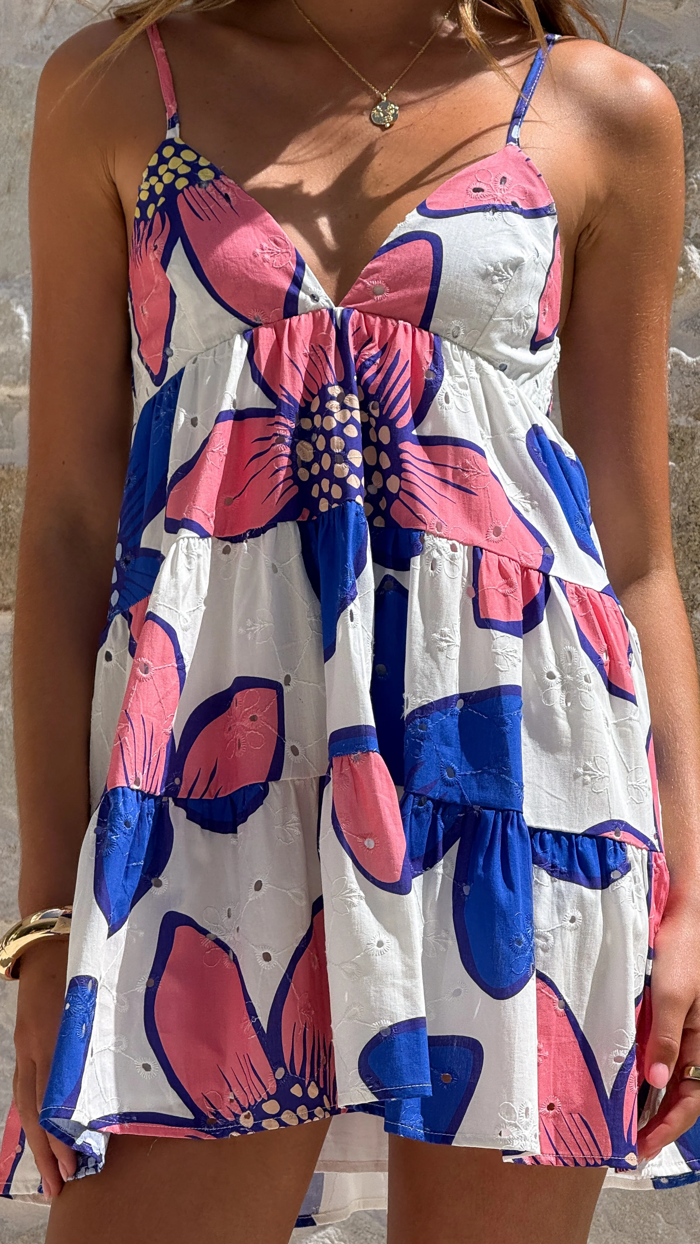 Maisie Eyelet Mini Dress - Botanic Blue/Pink Print - Image 7