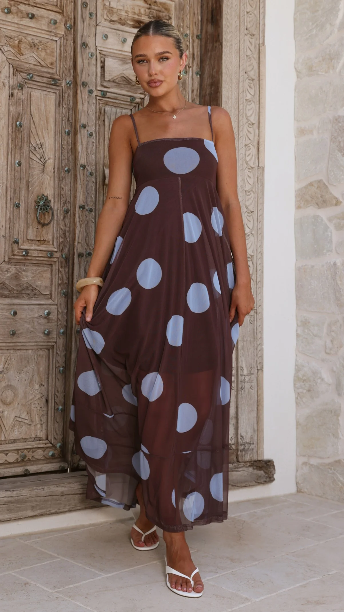 Melinda Mesh Maxi Dress - Brown / Blue Polka Dot - Image 10