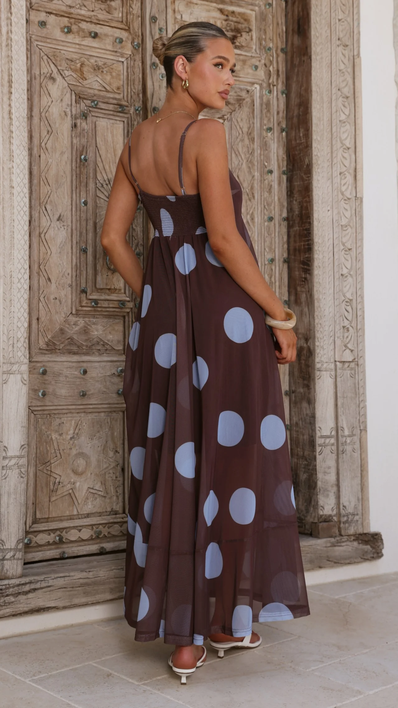 Melinda Mesh Maxi Dress - Brown / Blue Polka Dot - Image 2