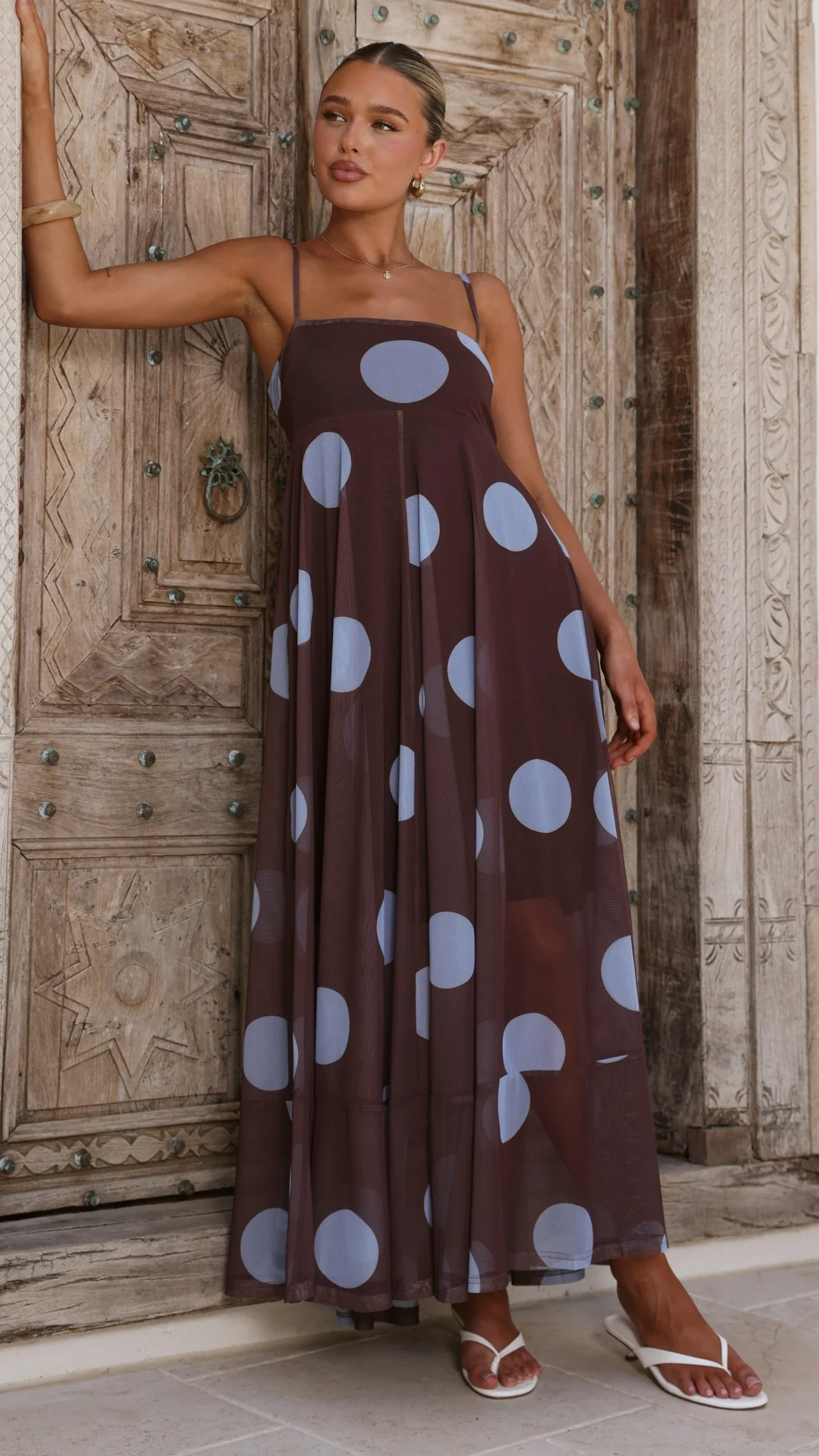 Melinda Mesh Maxi Dress - Brown / Blue Polka Dot - Image 3