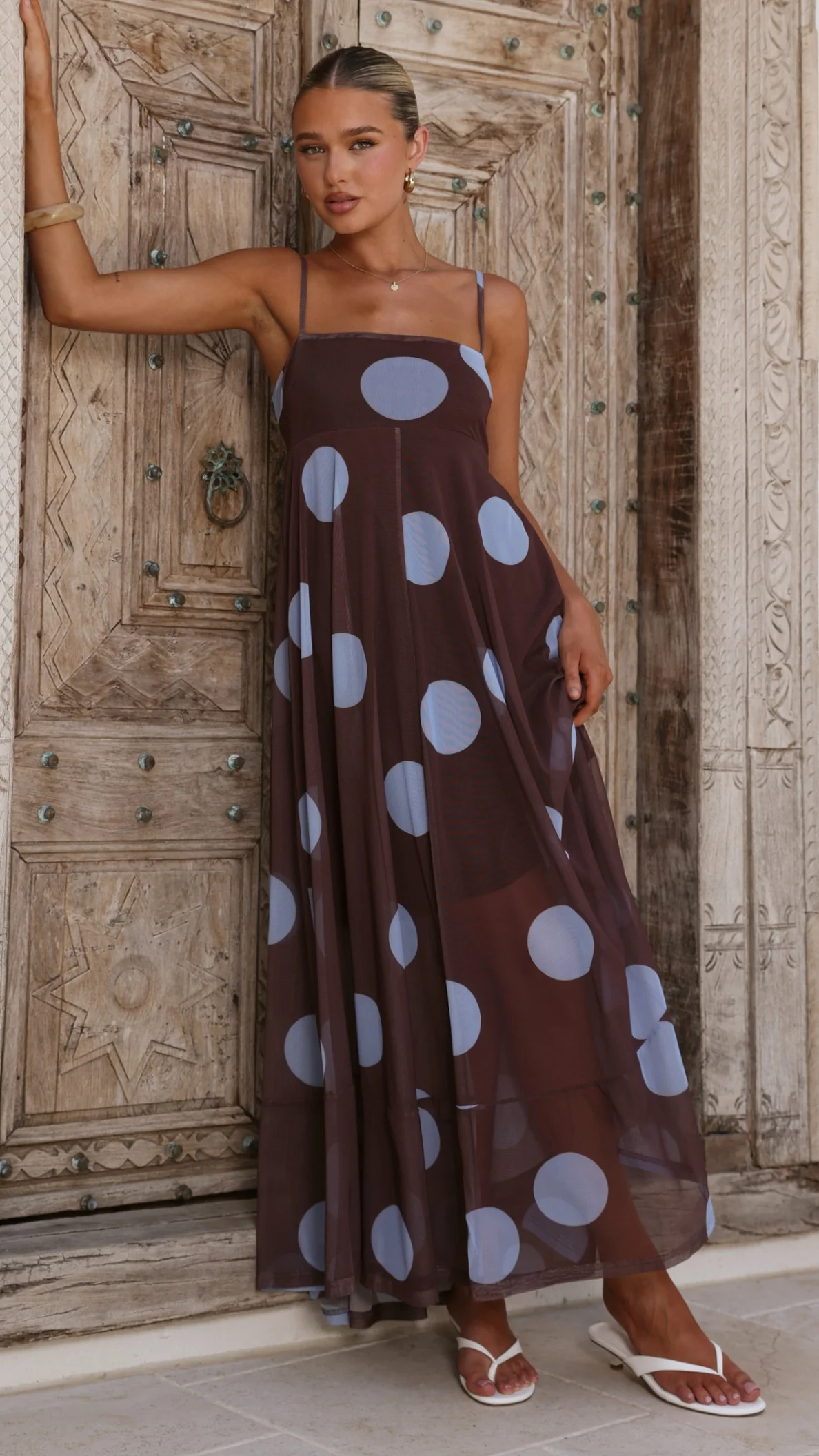 Melinda Mesh Maxi Dress - Brown / Blue Polka Dot - Image 4