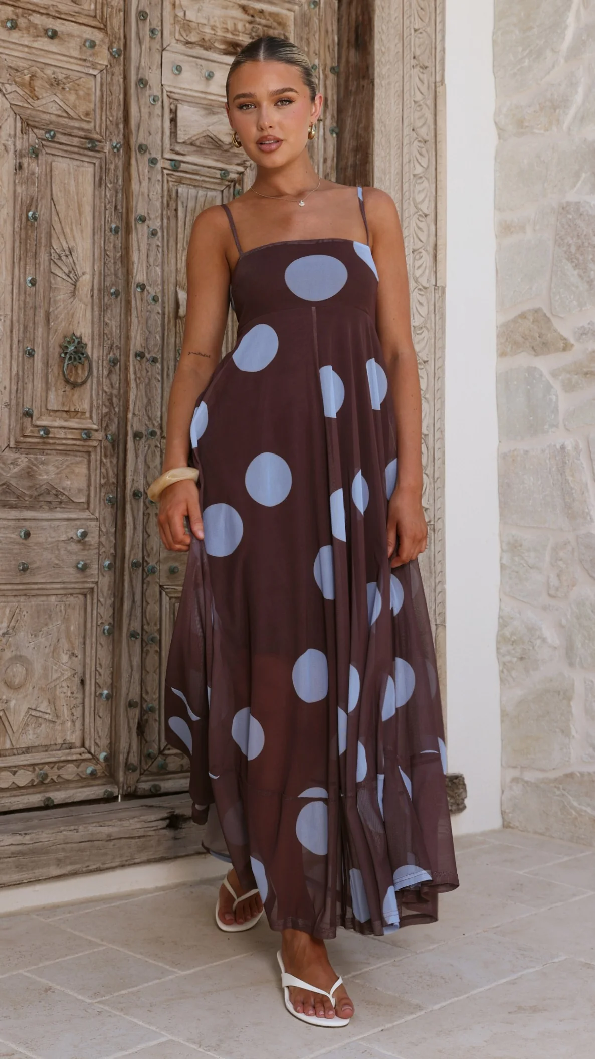 Melinda Mesh Maxi Dress - Brown / Blue Polka Dot - Image 5