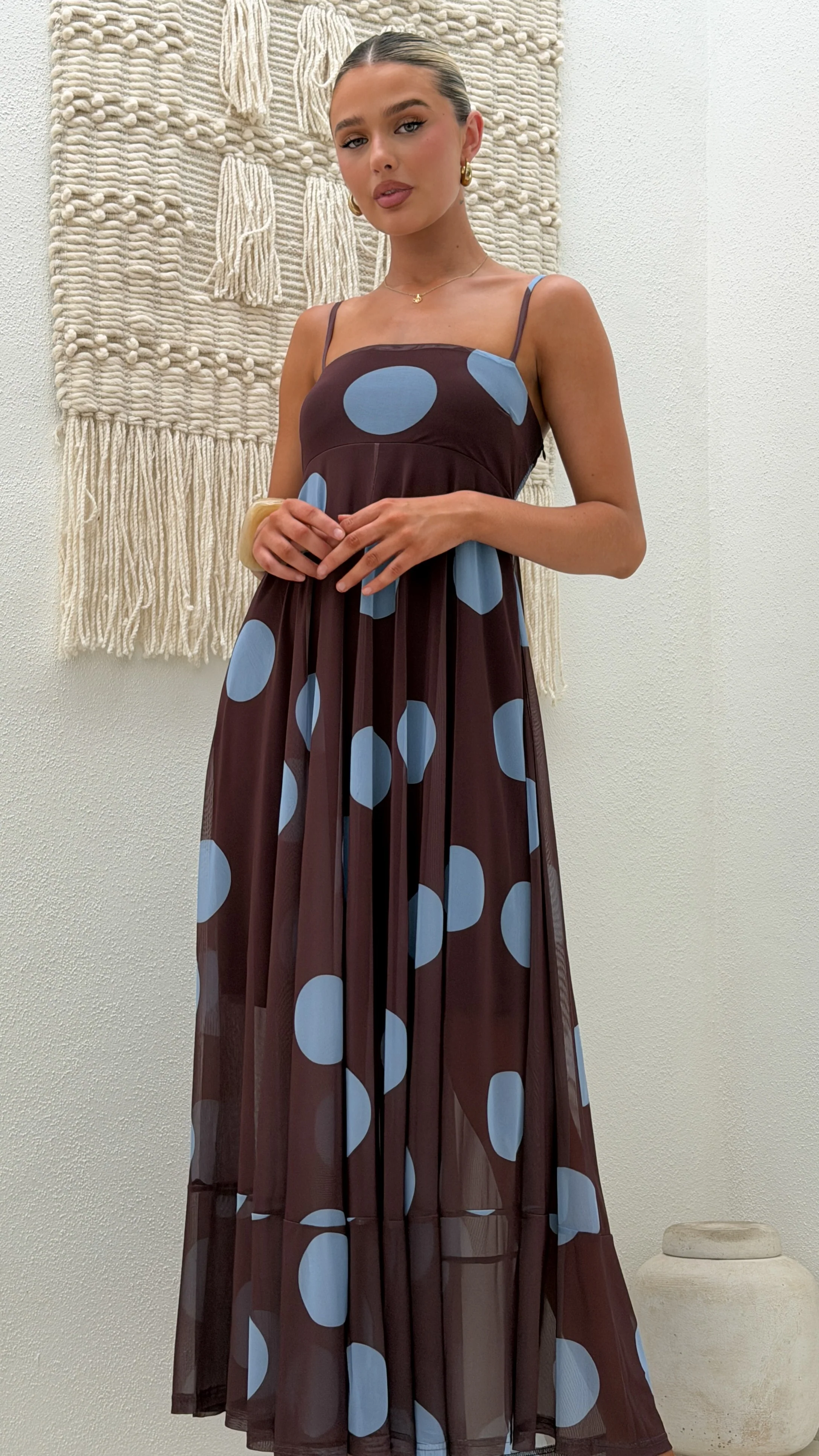 Melinda Mesh Maxi Dress - Brown / Blue Polka Dot - Image 7