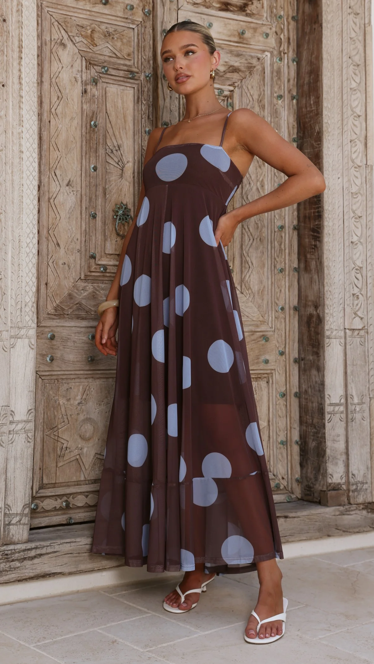 Melinda Mesh Maxi Dress - Brown / Blue Polka Dot - Image 9