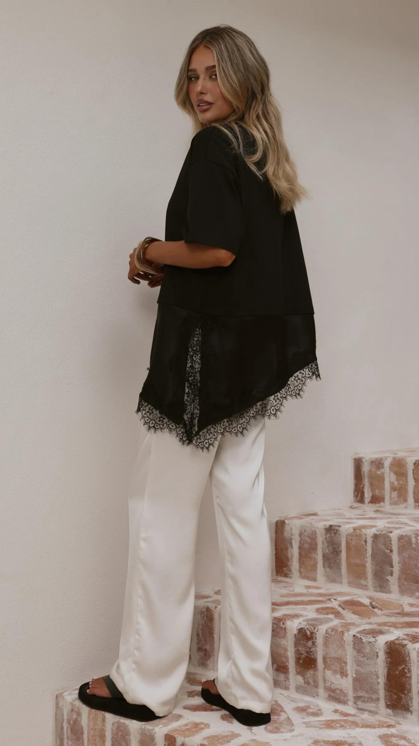 Mirandah Satin Panel T-Shirt - Black - Image 2
