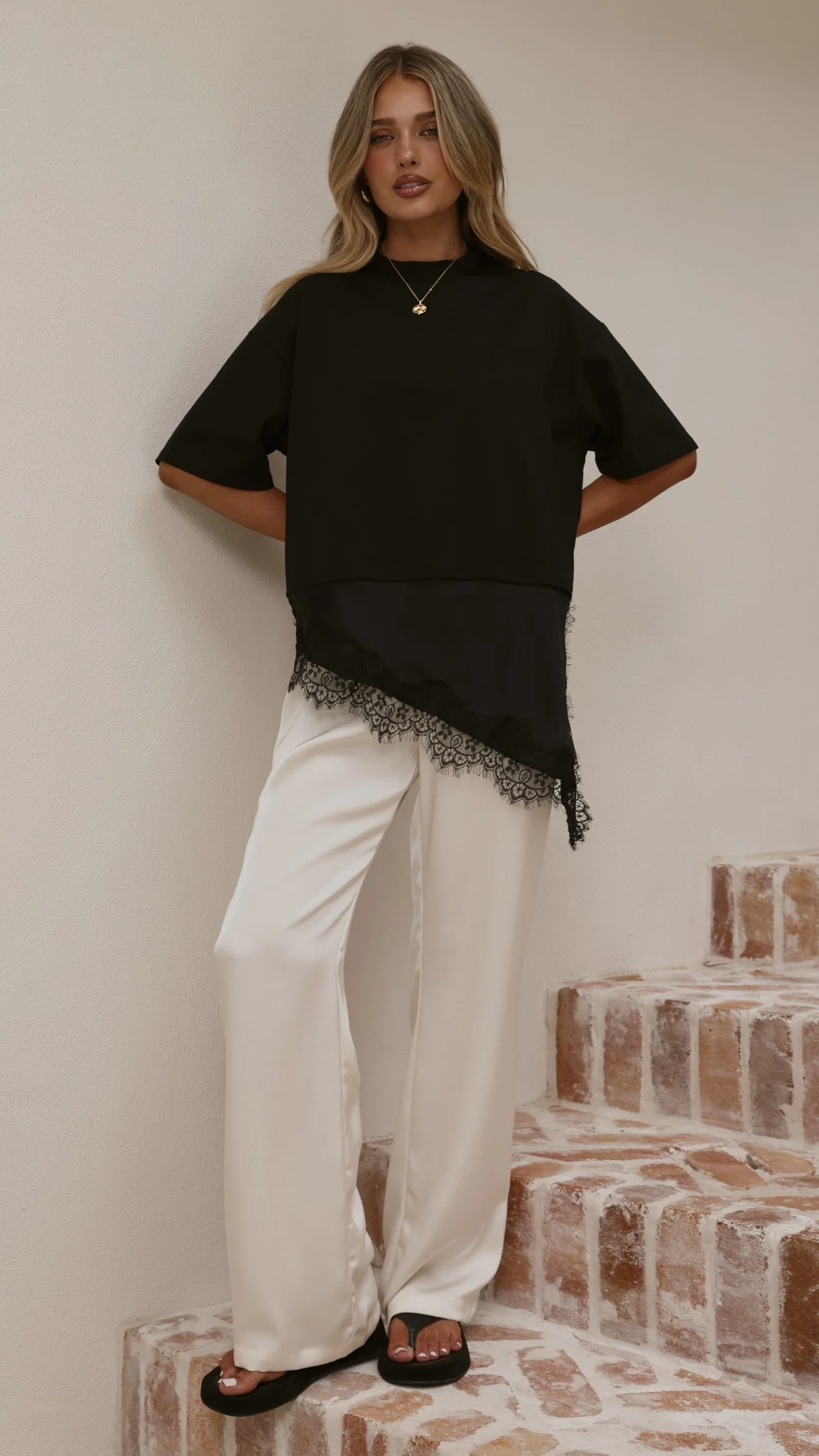 Mirandah Satin Panel T-Shirt - Black - Image 3