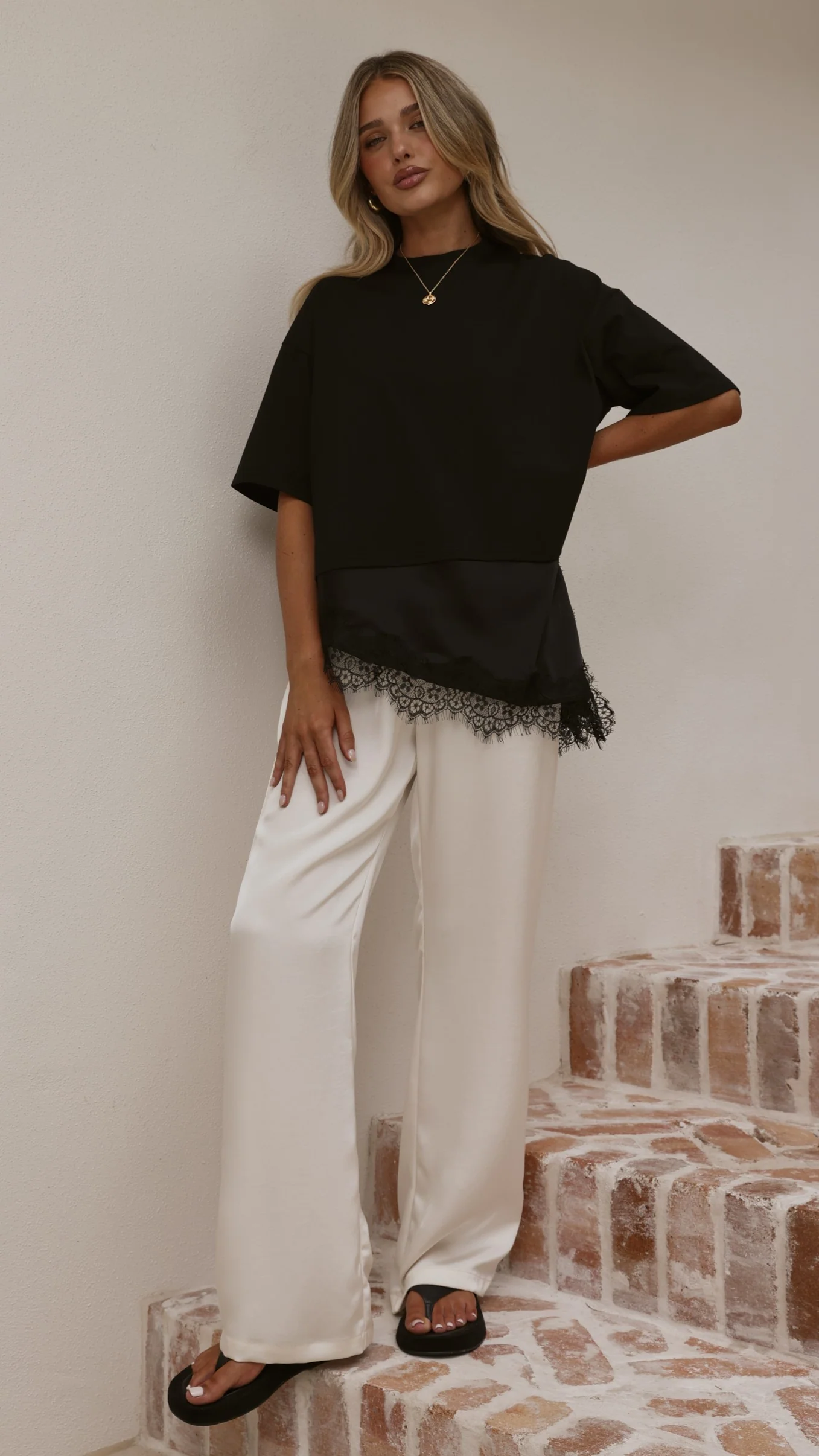 Mirandah Satin Panel T-Shirt - Black - Image 5