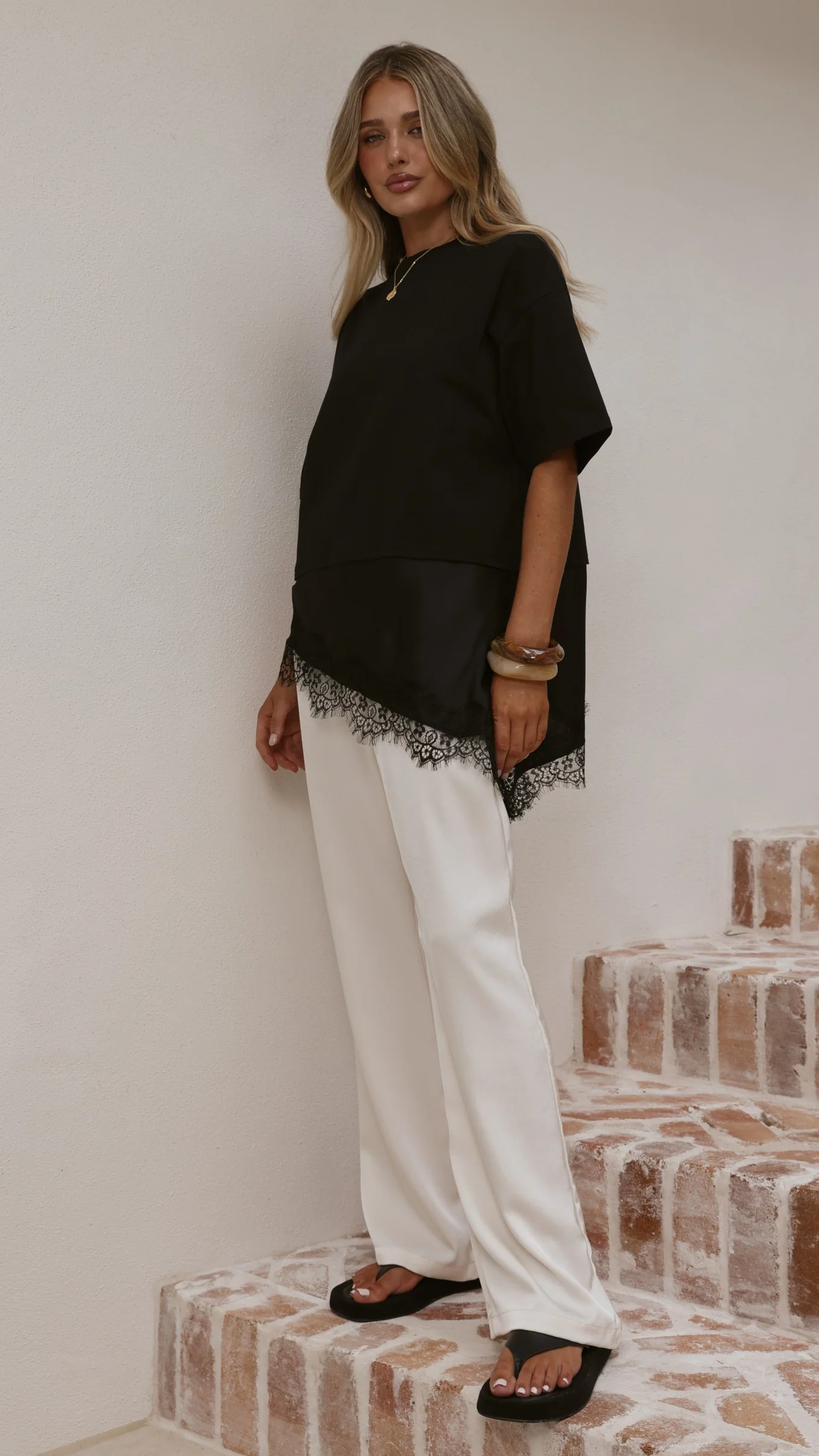 Mirandah Satin Panel T-Shirt - Black - Image 7