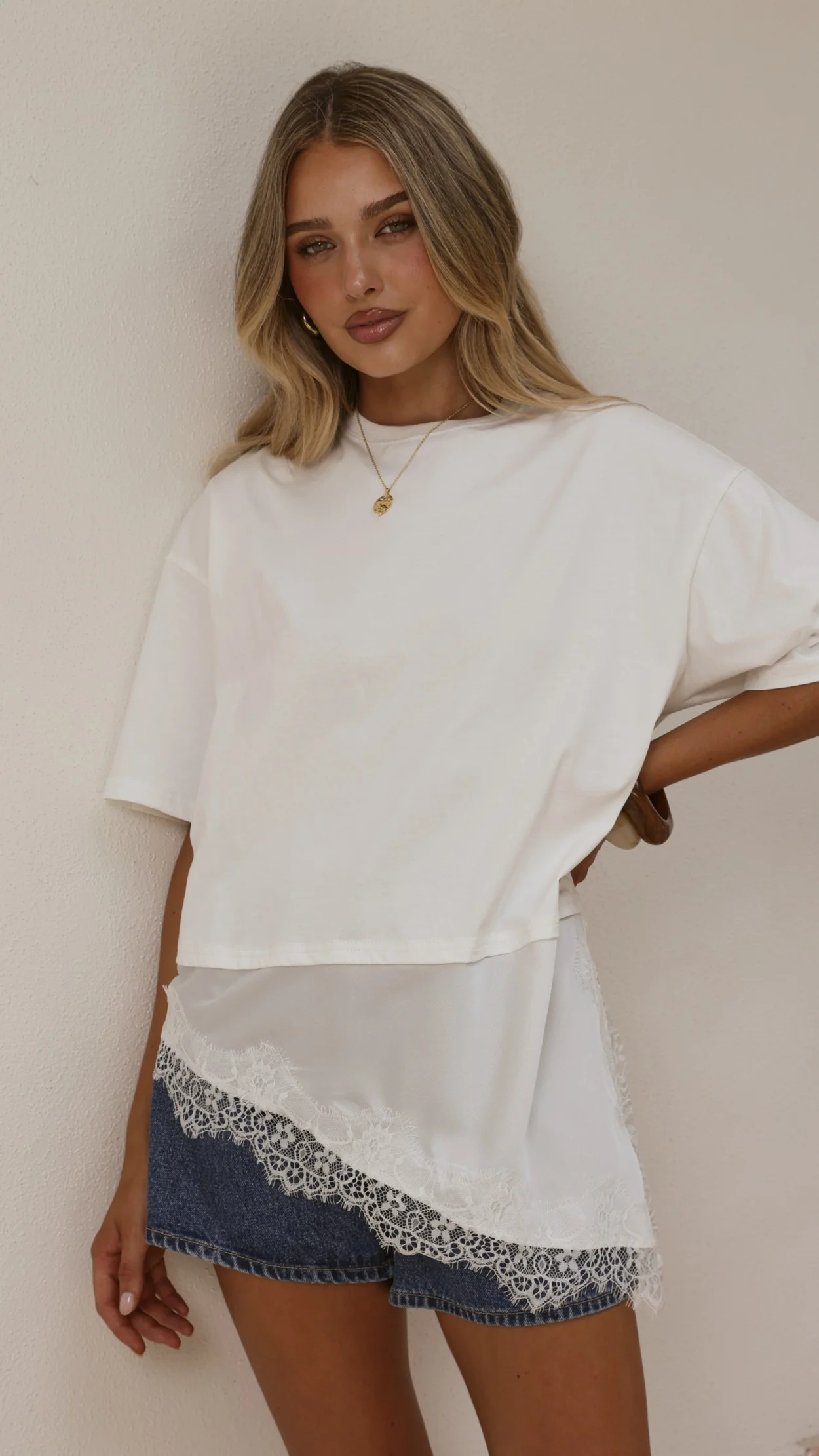 Mirandah Satin Panel T-Shirt - White - Image 6