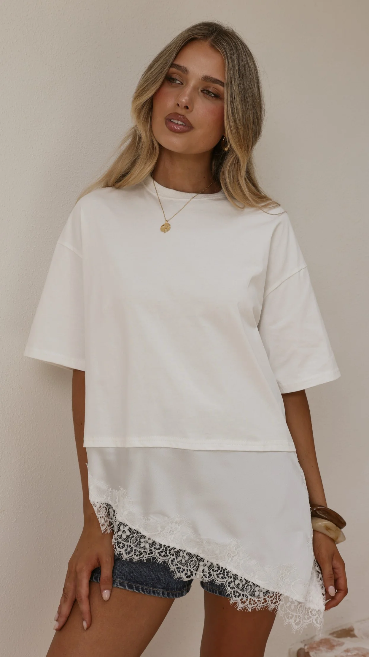 Mirandah Satin Panel T-Shirt - White - Image 7