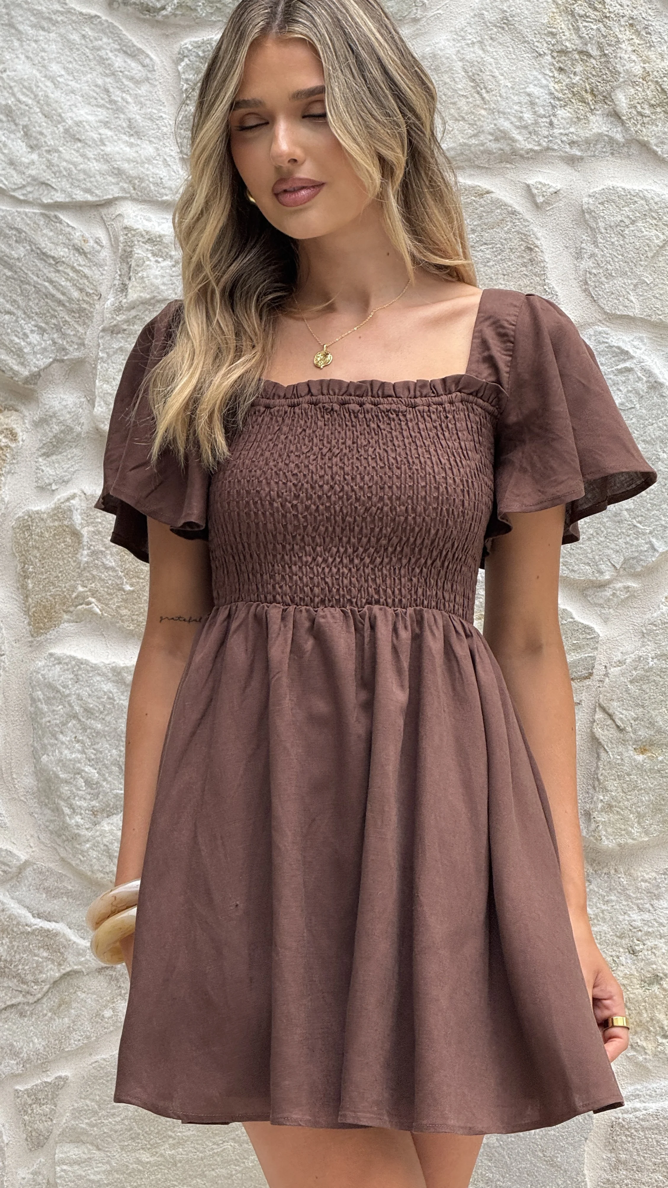 Molly Linen Mini Dress - Chocolate - Image 7