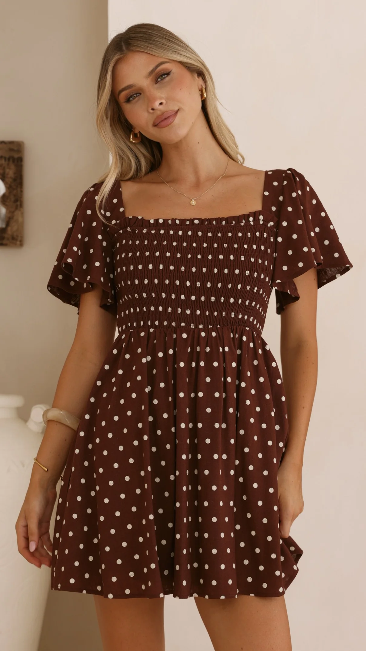 Molly Mini Dress - Chocolate/Nude Spot - Image 4