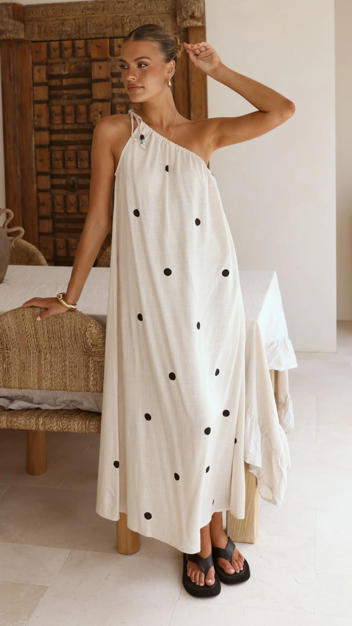Nasira One Shoulder Maxi Dress - Oat/Black Polka Dot - Image 9