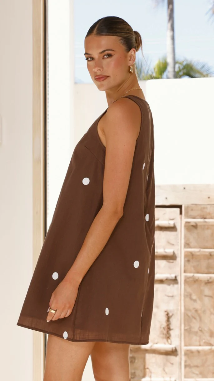 Natala Shift Mini Dress - Chocolate / White Polka Dot - Image 4